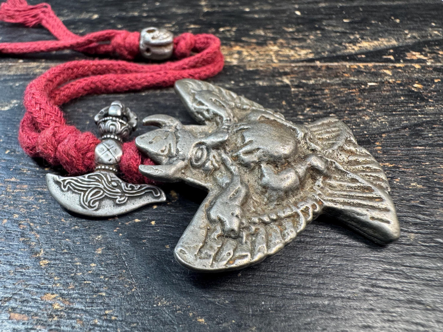 Vintage Cold Iron Garuda Pendant Necklace, Charnel Ground Style Amulet, Tibetan Inspired Thokcha Pendant, Citipati Bead & Ritual Axe Charm