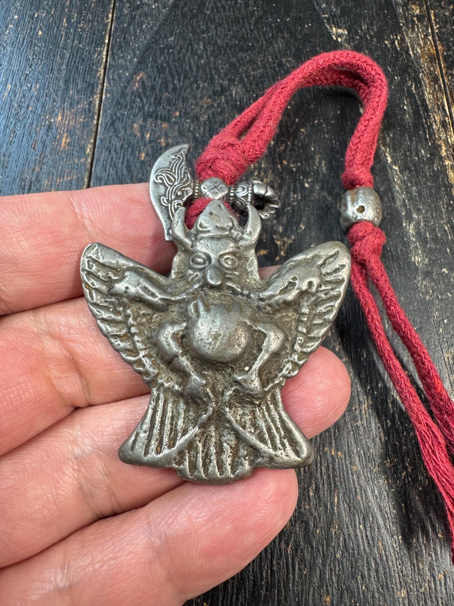 Vintage Cold Iron Garuda Pendant Necklace, Charnel Ground Style Amulet, Tibetan Inspired Thokcha Pendant, Citipati Bead & Ritual Axe Charm