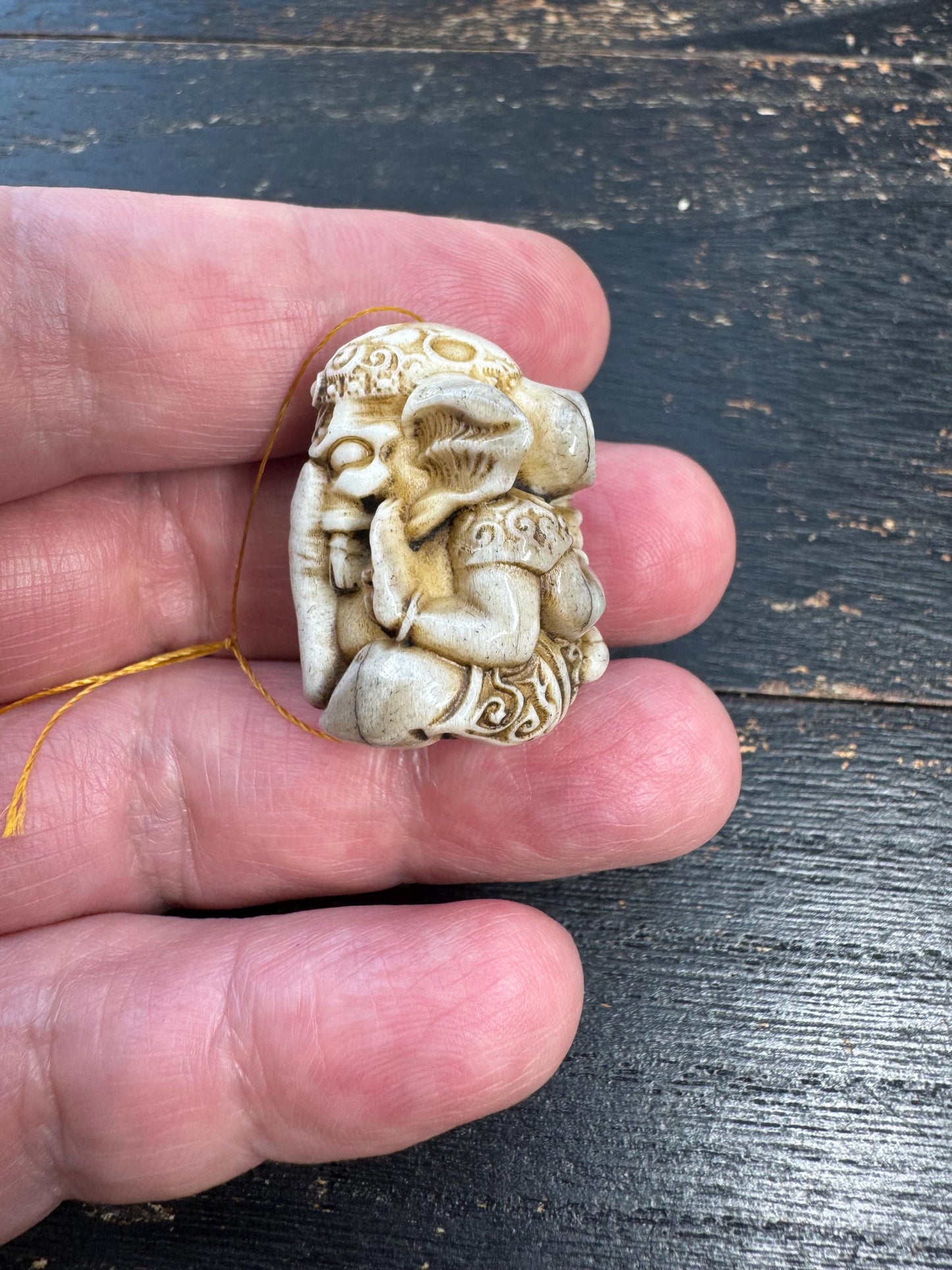 Hand Carved Deer Antler Ganesha Pendant | Vintage Style Hindu Amulet | Handmade Antler Carving | One of a Kind Spiritual Charm