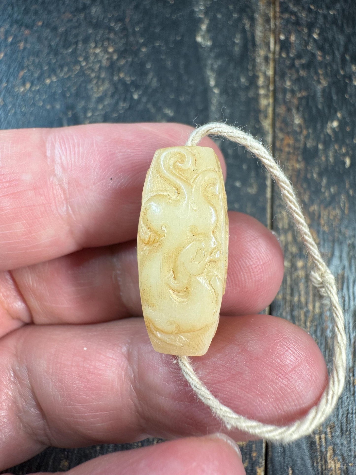 Hand Carved Yak Bone Dragon Cloud Bead, Tibetan Style Coiled Dragon Scroll Barrel Bead, Mala Spacer or Pendant