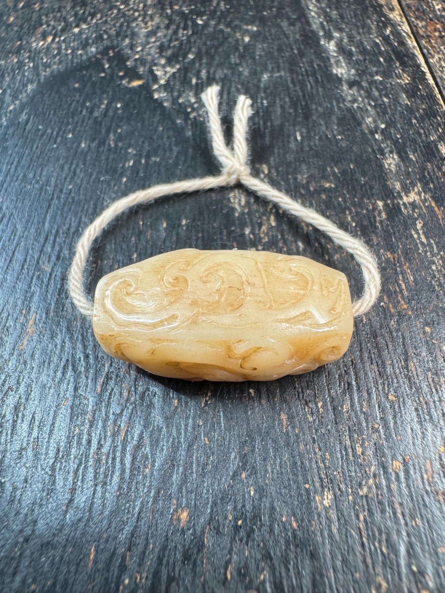 Hand Carved Yak Bone Dragon Cloud Bead, Tibetan Style Coiled Dragon Scroll Barrel Bead, Mala Spacer or Pendant