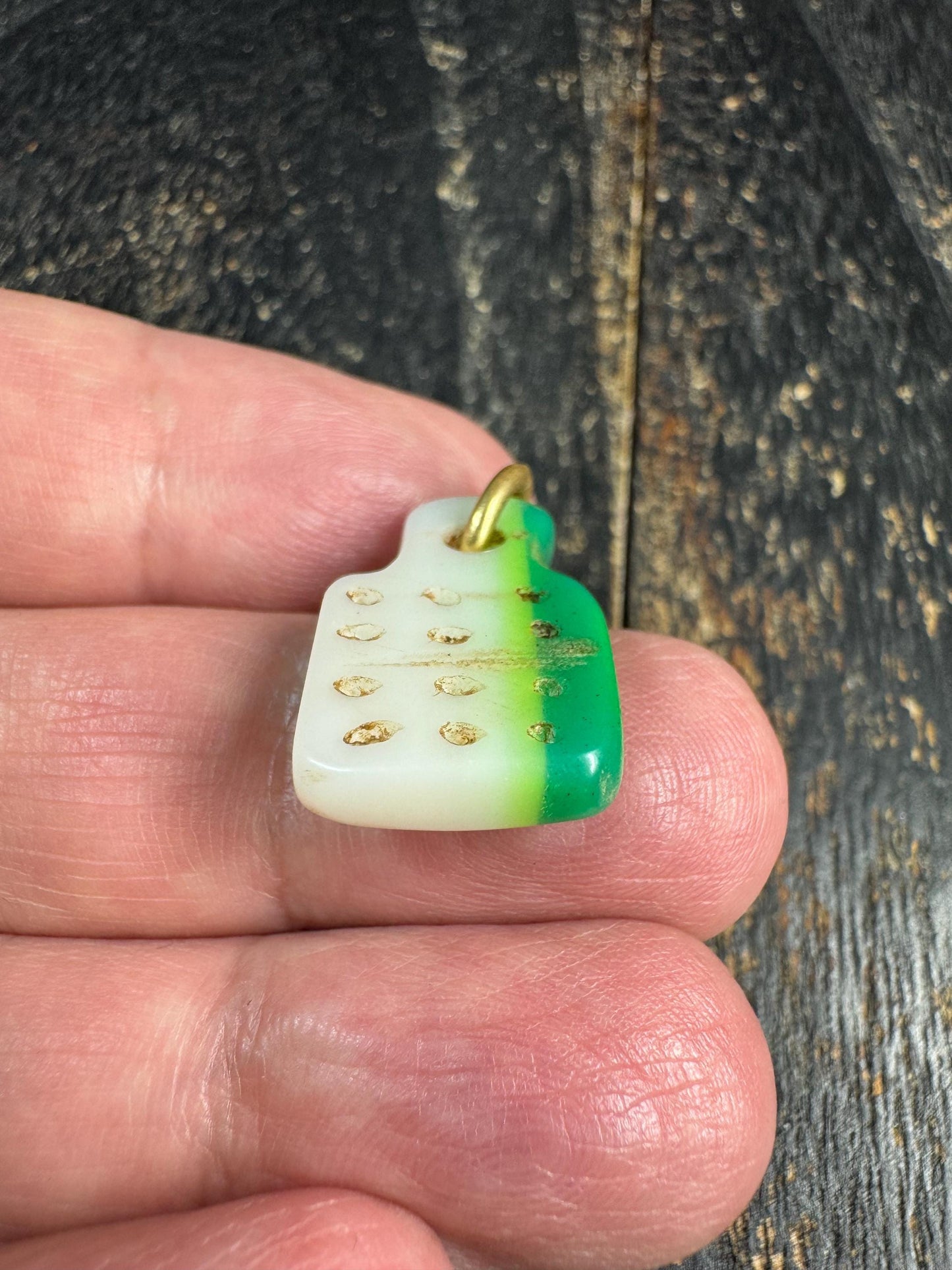 Vintage Mahjong Tile Pendant, Green Fade Upcycled Mahjong Charm, Rustic Asian Folk Amulet, Unique Handcrafted Jewelry