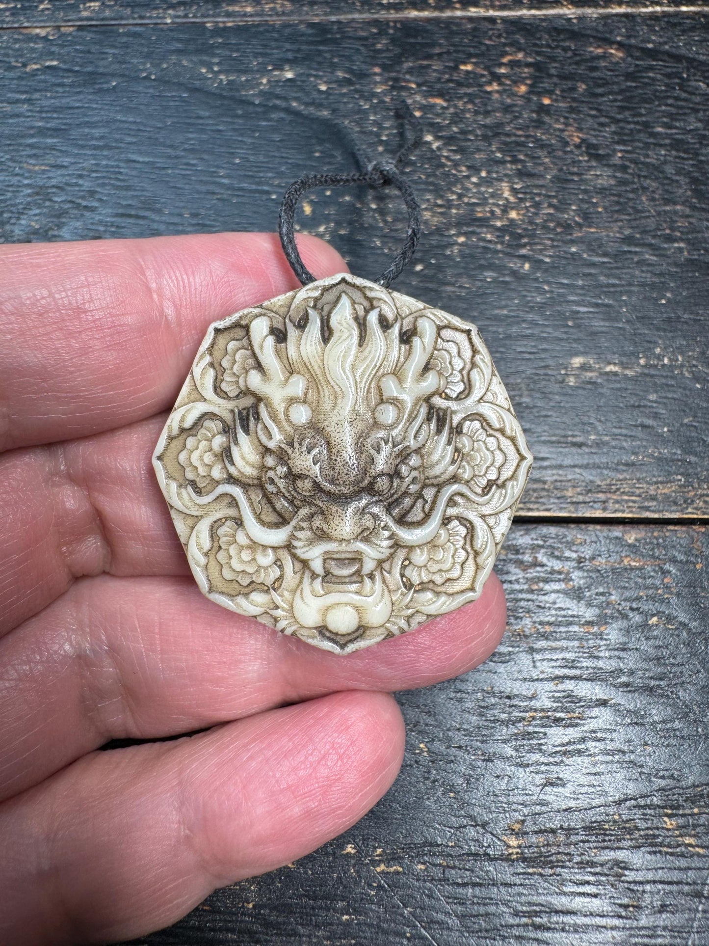 Hand Carved Dragon Face Deer Antler Pendant, Oriental Dragon Amulet, Protective Talisman Necklace, Vintage Style Relief Carving