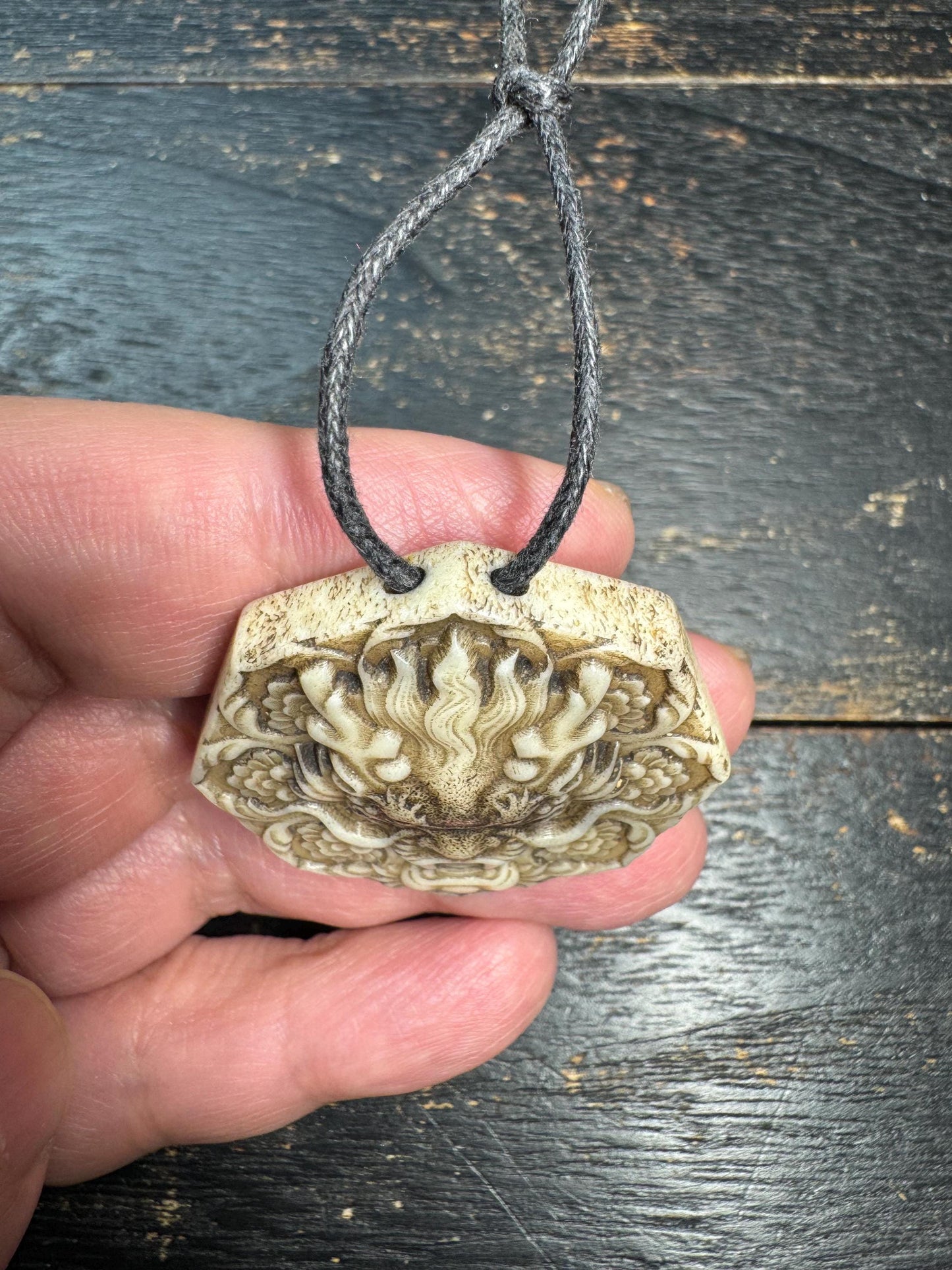 Hand Carved Dragon Face Deer Antler Pendant, Oriental Dragon Amulet, Protective Talisman Necklace, Vintage Style Relief Carving