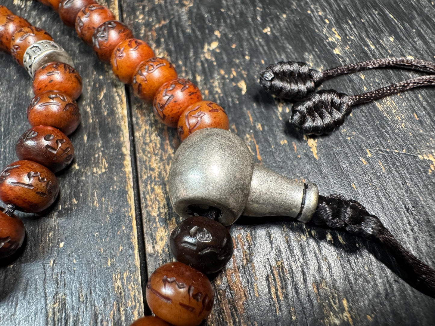 Yak Bone Mala Necklace 28” – Hand Carved Mantra Beads – Brass Guru Bead – Pair of Mala Counters – Tibetan Buddhist Prayer Beads – Adjustable