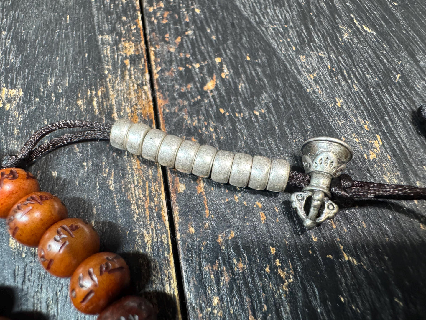 Yak Bone Mala Necklace 28” – Hand Carved Mantra Beads – Brass Guru Bead – Pair of Mala Counters – Tibetan Buddhist Prayer Beads – Adjustable
