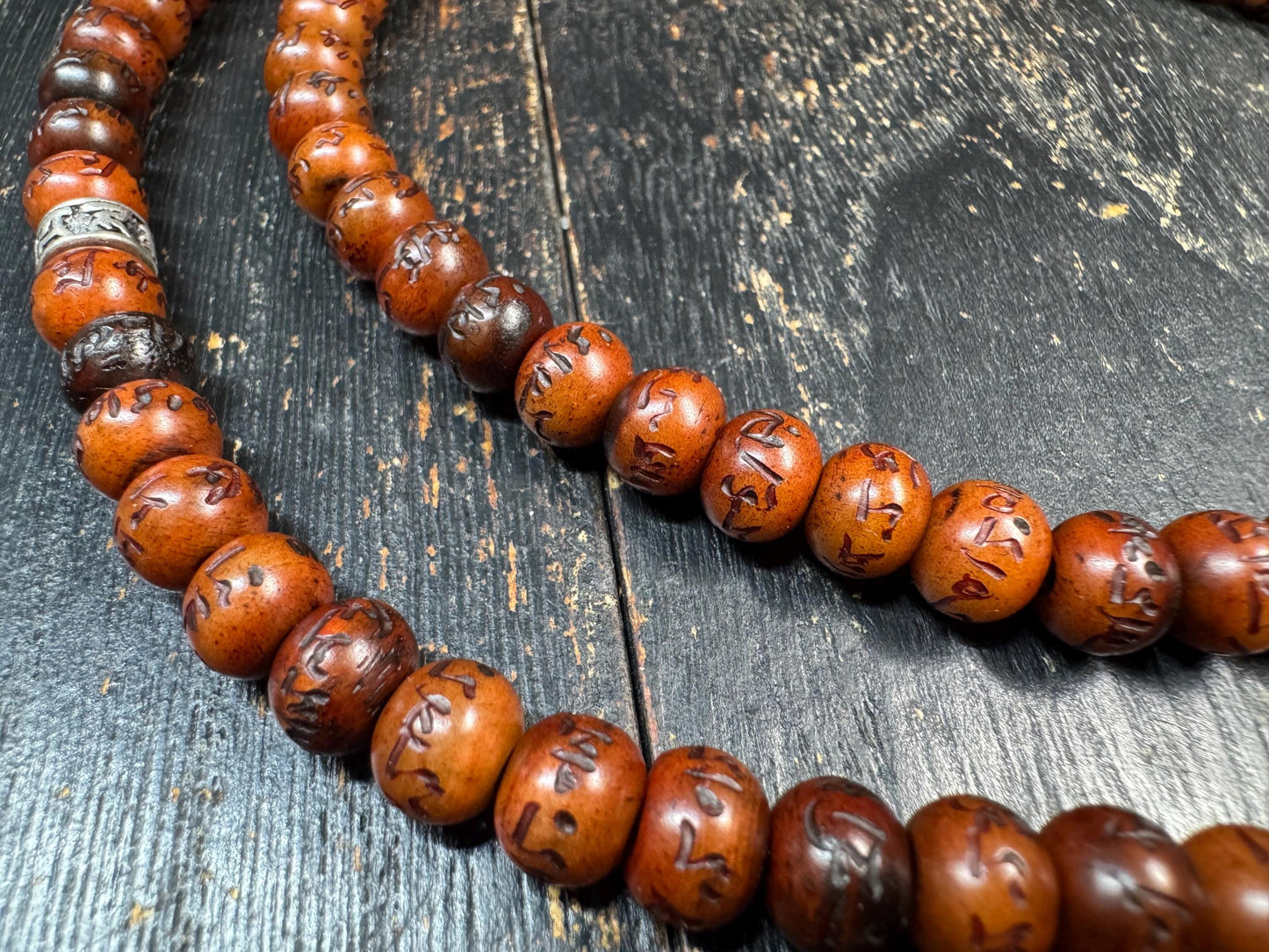 Yak Bone Mala Necklace 28” – Hand Carved Mantra Beads – Brass Guru Bead – Pair of Mala Counters – Tibetan Buddhist Prayer Beads – Adjustable