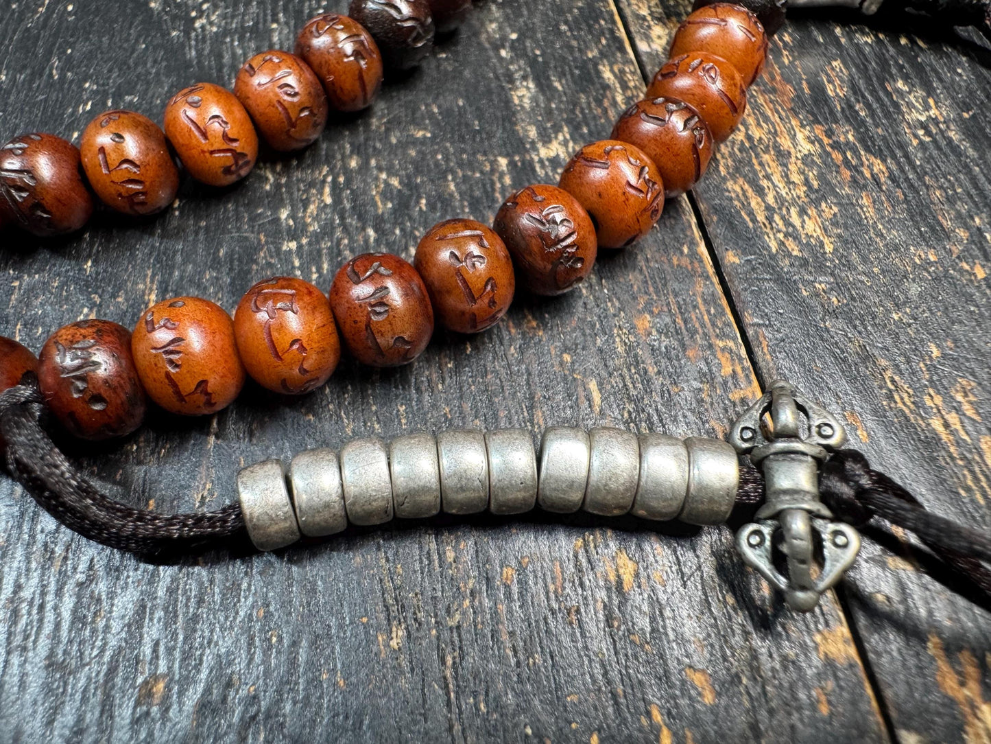 Yak Bone Mala Necklace 28” – Hand Carved Mantra Beads – Brass Guru Bead – Pair of Mala Counters – Tibetan Buddhist Prayer Beads – Adjustable
