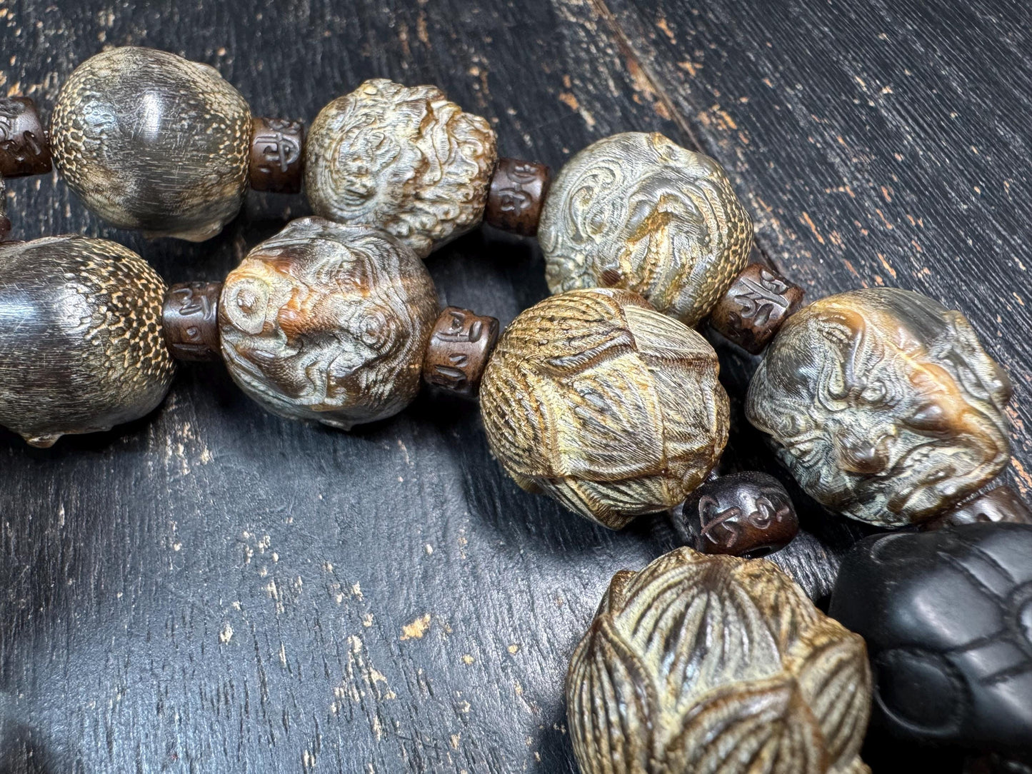 Yak Horn Mala Necklace with Black Stone Guru Bead, Hand Carved Figure & Lotus Beads, Tibetan Style Prayer Necklace, Tribal Spiritual Jewelry