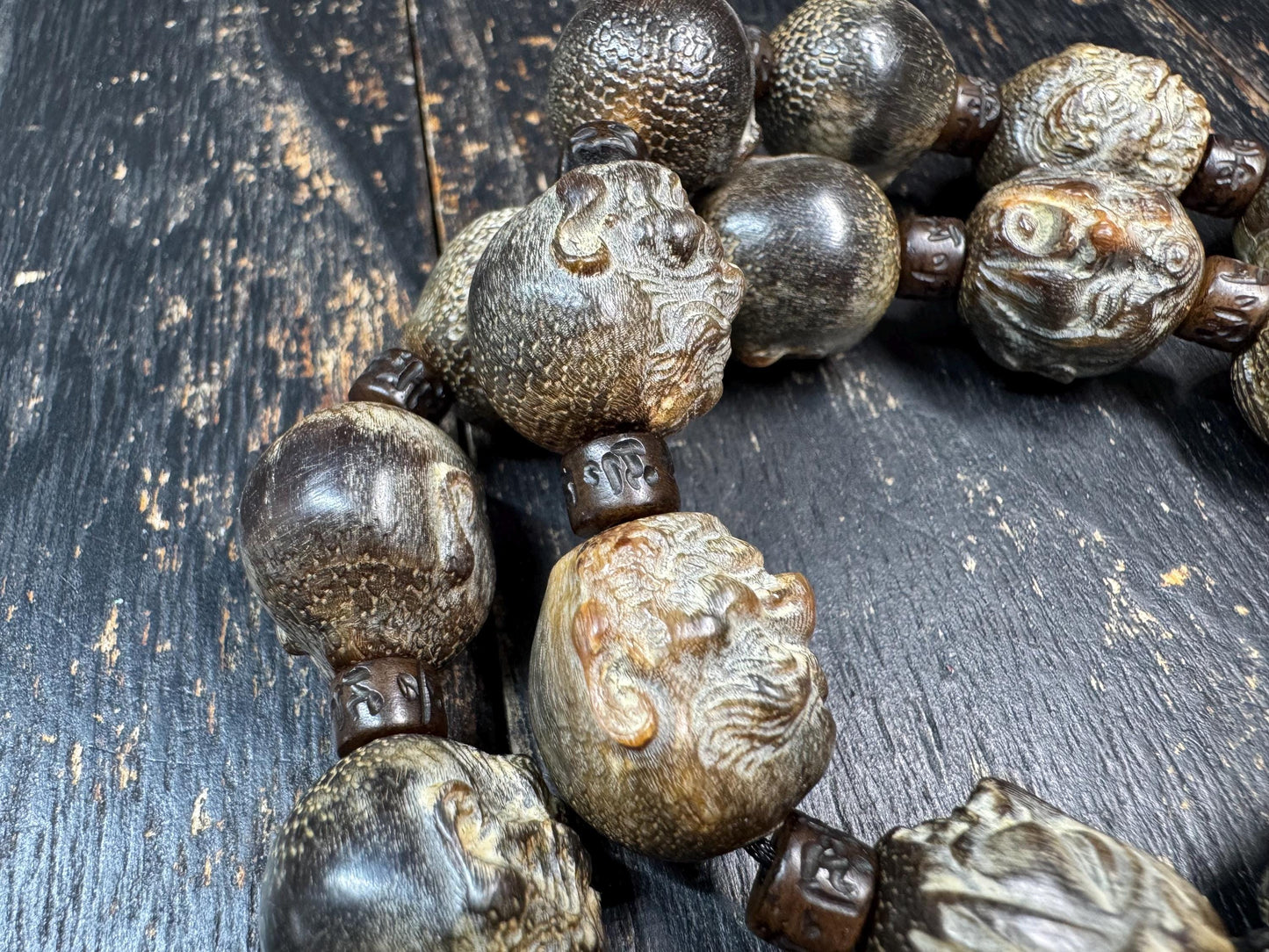 Yak Horn Mala Necklace with Black Stone Guru Bead, Hand Carved Figure & Lotus Beads, Tibetan Style Prayer Necklace, Tribal Spiritual Jewelry