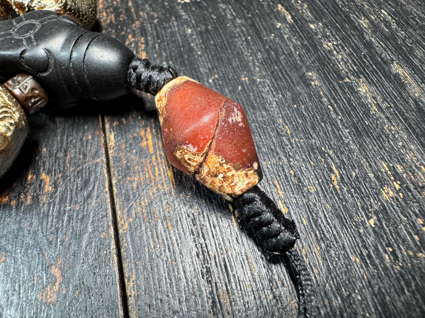 Yak Horn Mala Necklace with Black Stone Guru Bead, Hand Carved Figure & Lotus Beads, Tibetan Style Prayer Necklace, Tribal Spiritual Jewelry
