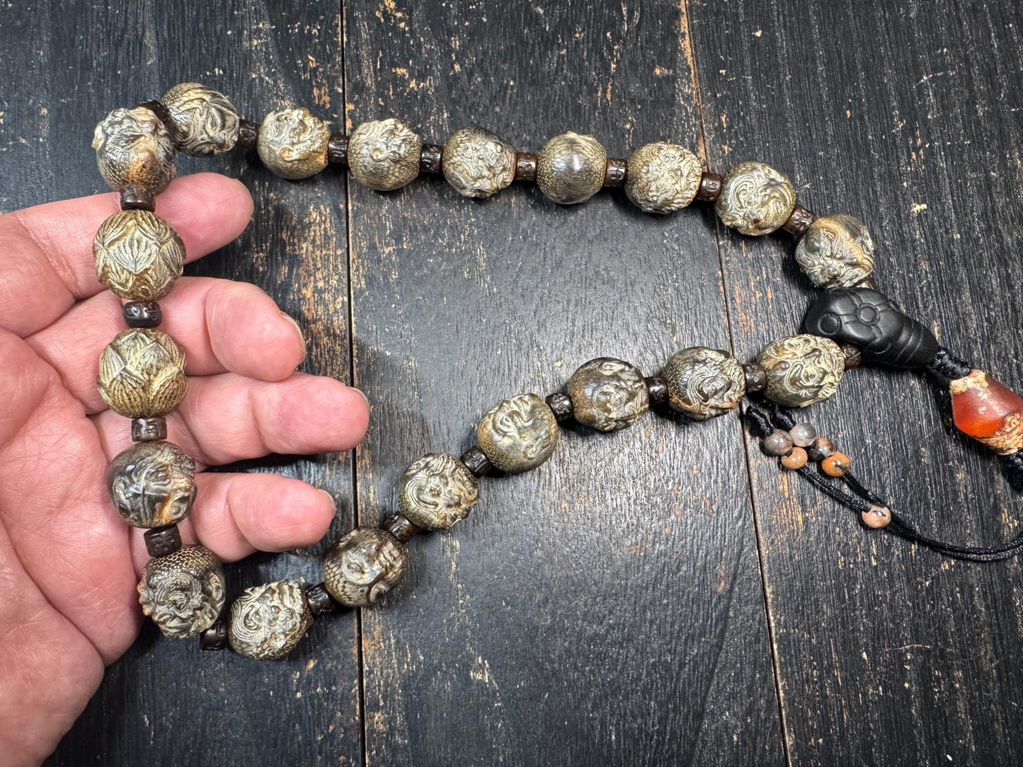 Yak Horn Mala Necklace with Black Stone Guru Bead, Hand Carved Figure & Lotus Beads, Tibetan Style Prayer Necklace, Tribal Spiritual Jewelry