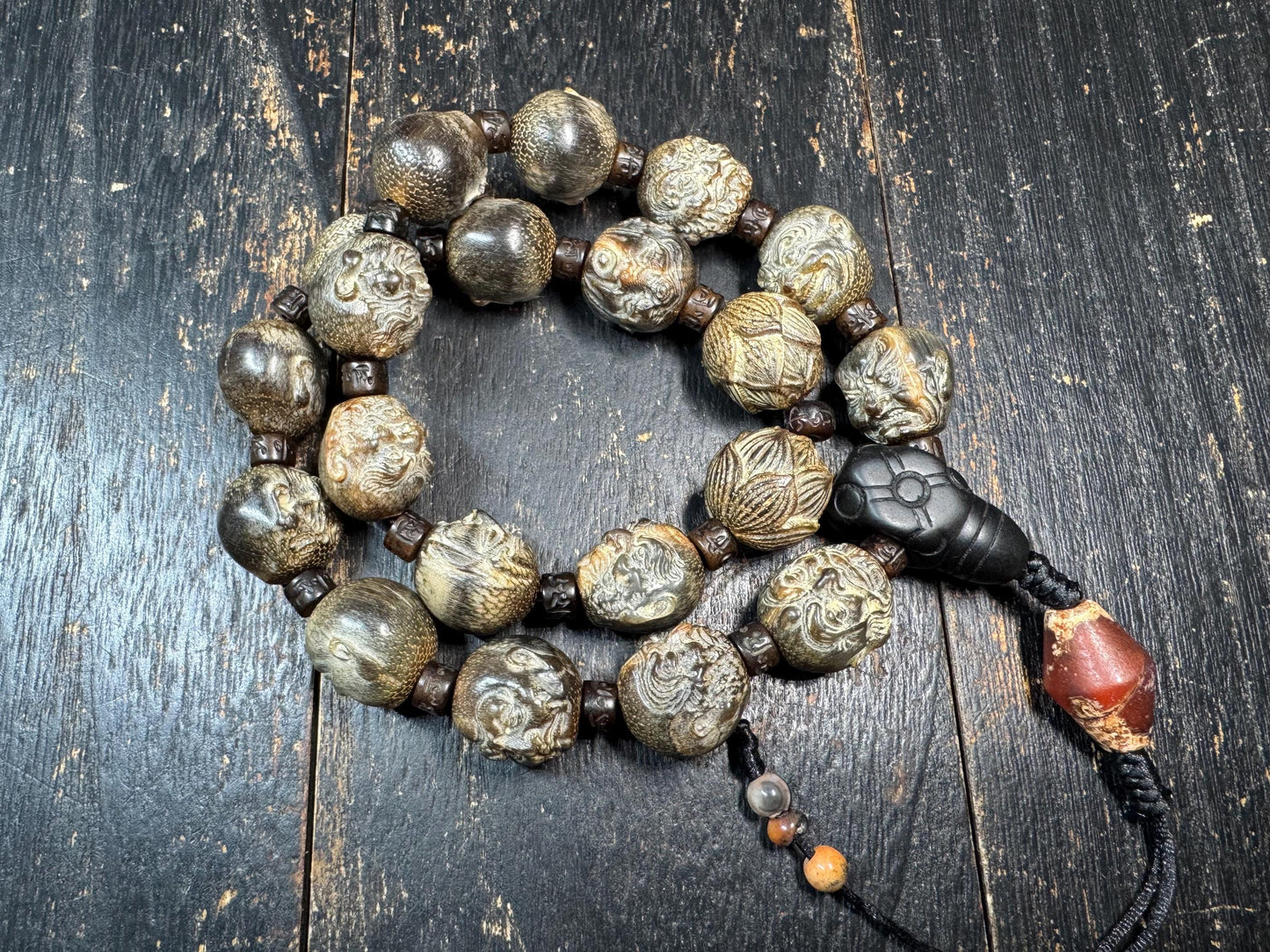 Yak Horn Mala Necklace with Black Stone Guru Bead, Hand Carved Figure & Lotus Beads, Tibetan Style Prayer Necklace, Tribal Spiritual Jewelry