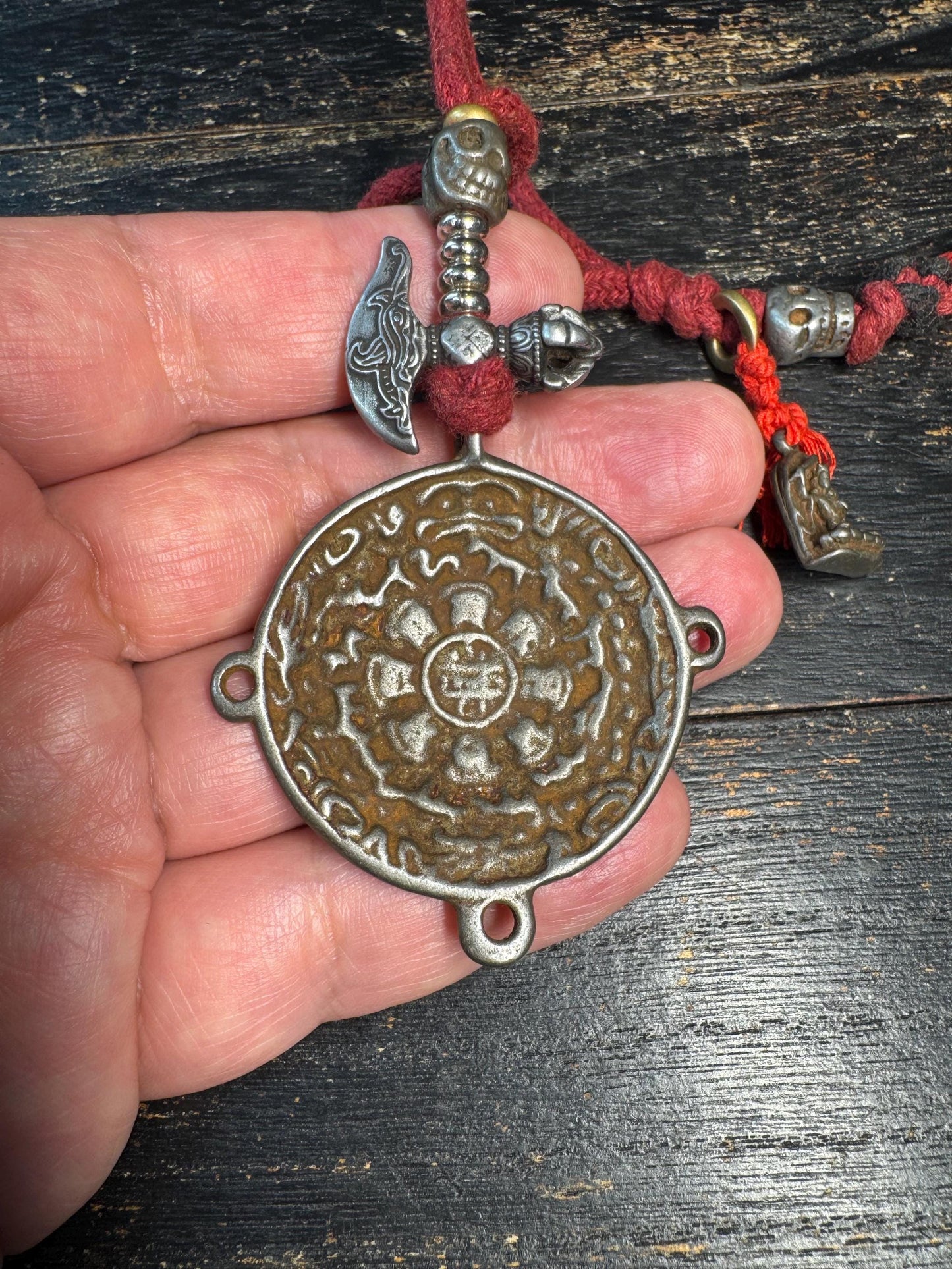 Tibetan Cold Iron Nine Palace Bagua Amulet Pendant, Vajra Dorje Charm Set, Skull Bead Talisman, Protective Spiritual Necklace, Himalayan Sty