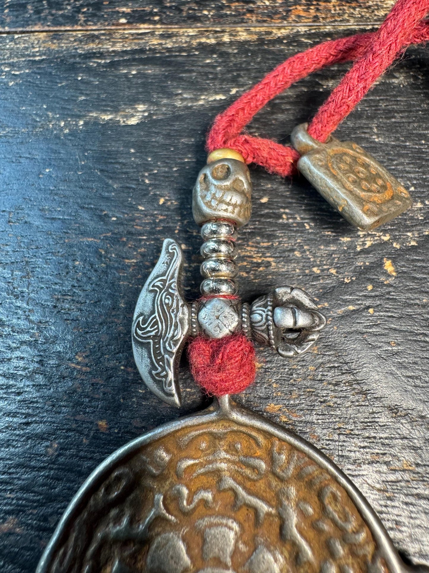 Tibetan Cold Iron Nine Palace Bagua Amulet Pendant, Vajra Dorje Charm Set, Skull Bead Talisman, Protective Spiritual Necklace, Himalayan Sty