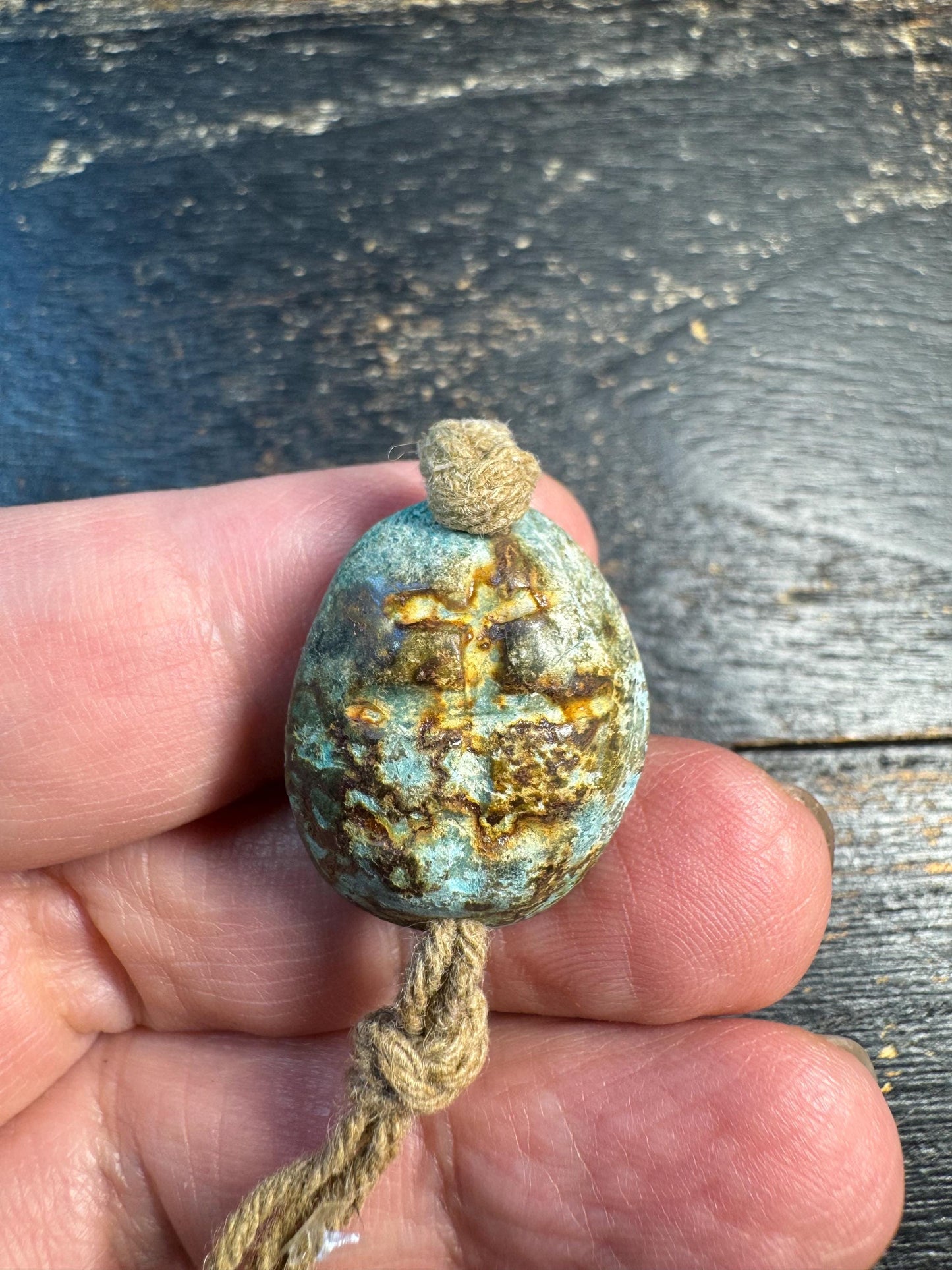 Carved Turtle Shell Pattern Stone Bead, Antique Style Green Patina Pendant, Ethnic Amulet Bead, Rustic Meditation Jewelry Supply