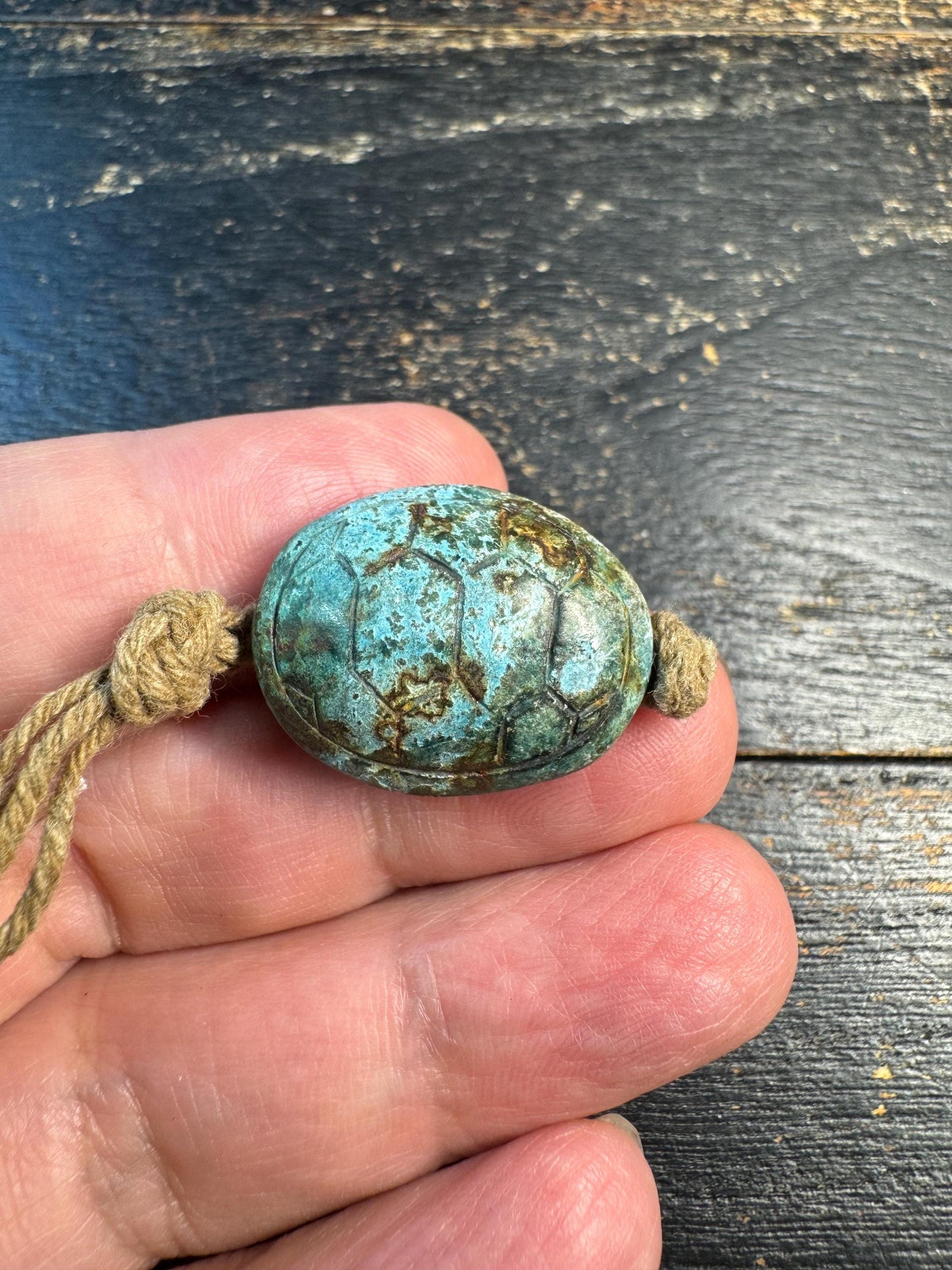 Carved Turtle Shell Pattern Stone Bead, Antique Style Green Patina Pendant, Ethnic Amulet Bead, Rustic Meditation Jewelry Supply