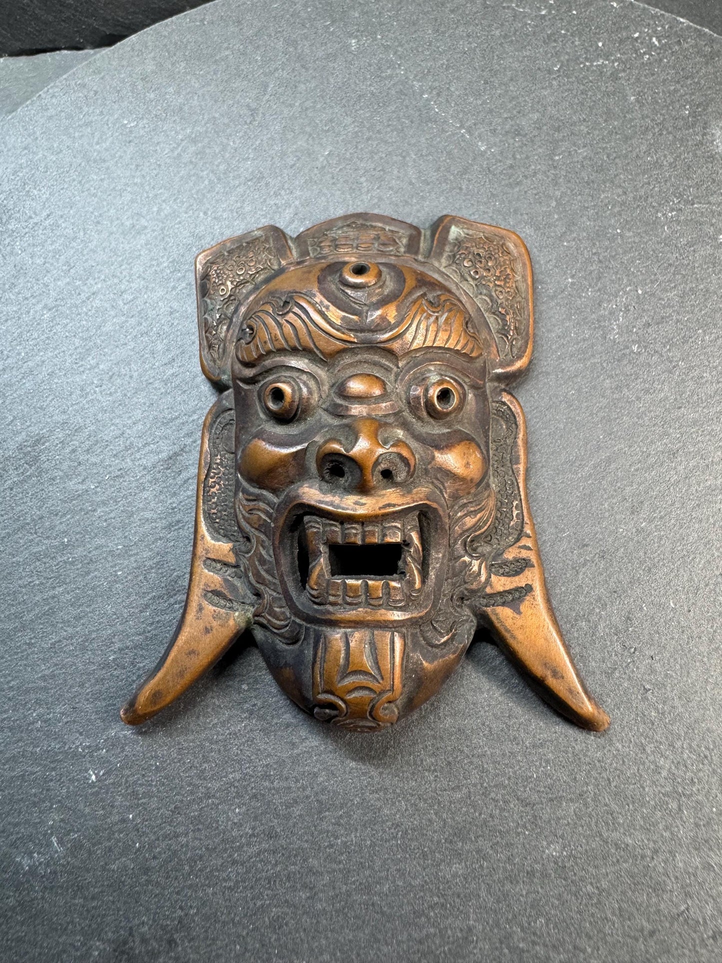 Vintage Brass Guardian Mask Pendant | Wrathful Deity Face Amulet | Tibetan Himalayan Ritual Style Wall Ornament | Taotie Beast Mask