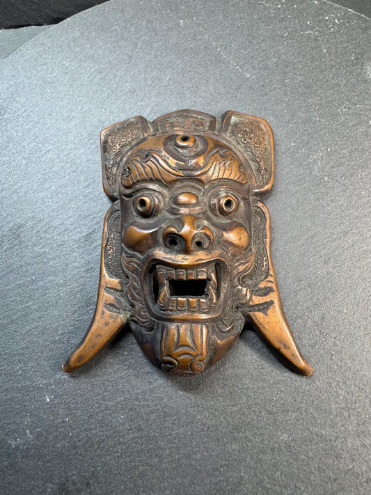 Vintage Brass Guardian Mask Pendant | Wrathful Deity Face Amulet | Tibetan Himalayan Ritual Style Wall Ornament | Taotie Beast Mask