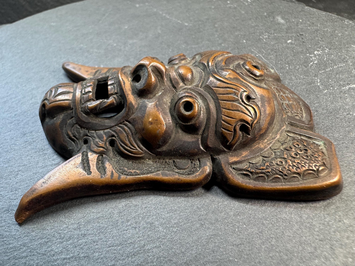 Vintage Brass Guardian Mask Pendant | Wrathful Deity Face Amulet | Tibetan Himalayan Ritual Style Wall Ornament | Taotie Beast Mask