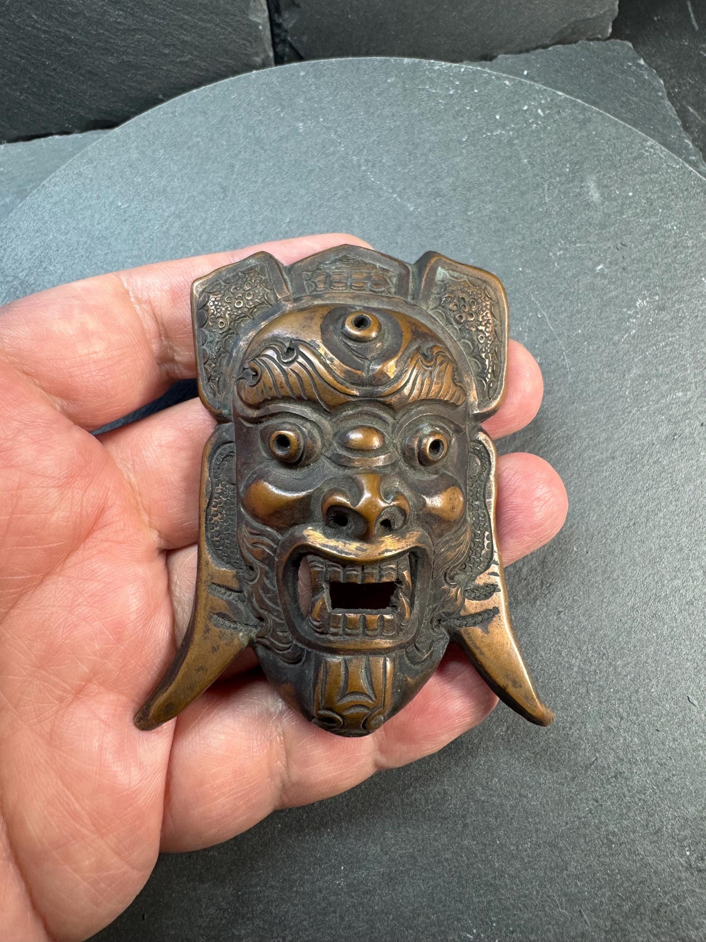 Vintage Brass Guardian Mask Pendant | Wrathful Deity Face Amulet | Tibetan Himalayan Ritual Style Wall Ornament | Taotie Beast Mask
