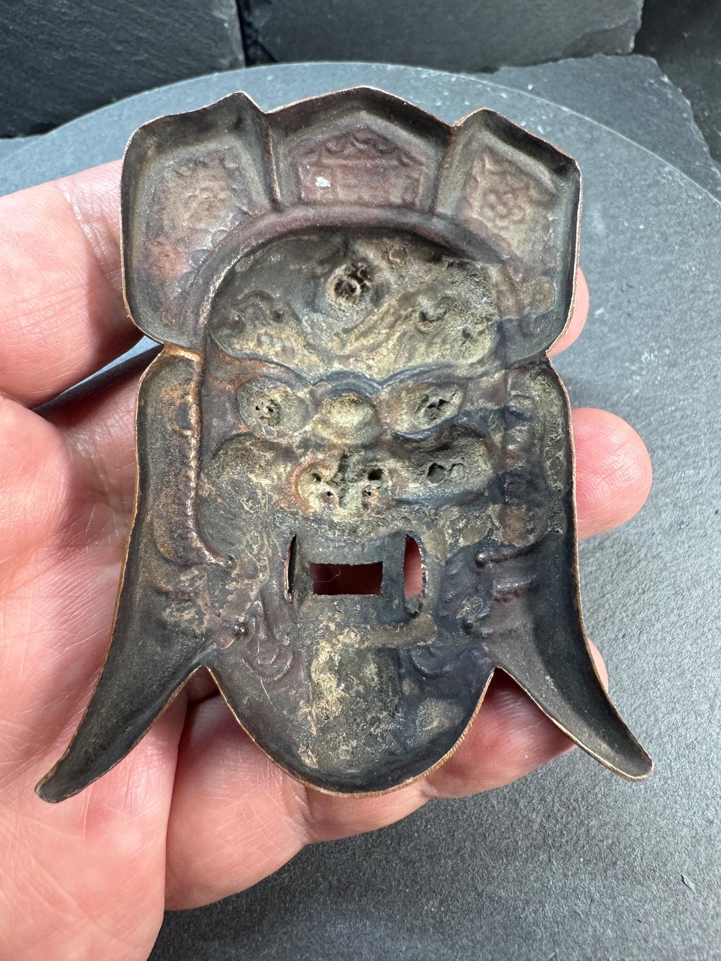Vintage Brass Guardian Mask Pendant | Wrathful Deity Face Amulet | Tibetan Himalayan Ritual Style Wall Ornament | Taotie Beast Mask