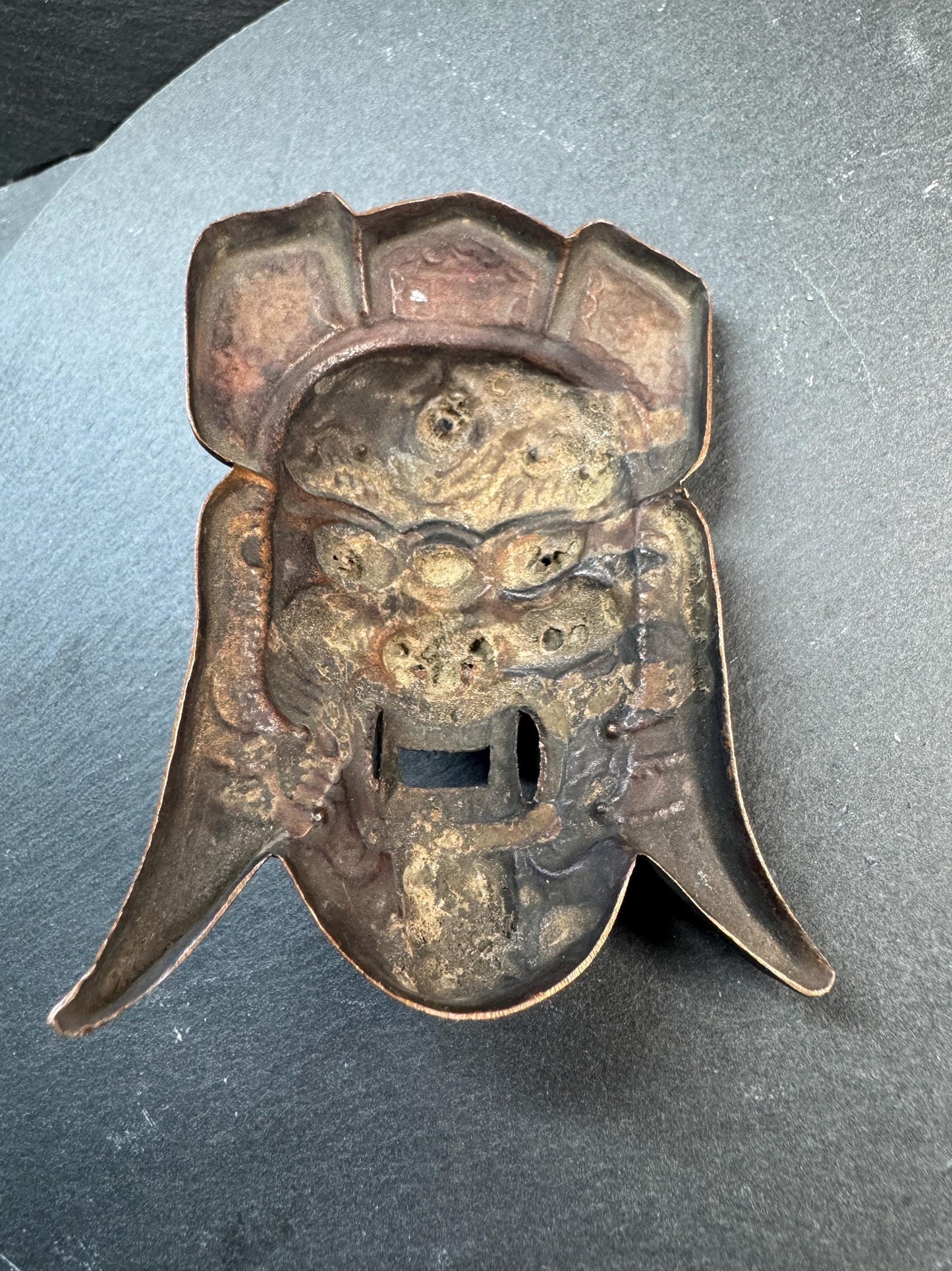 Vintage Brass Guardian Mask Pendant | Wrathful Deity Face Amulet | Tibetan Himalayan Ritual Style Wall Ornament | Taotie Beast Mask