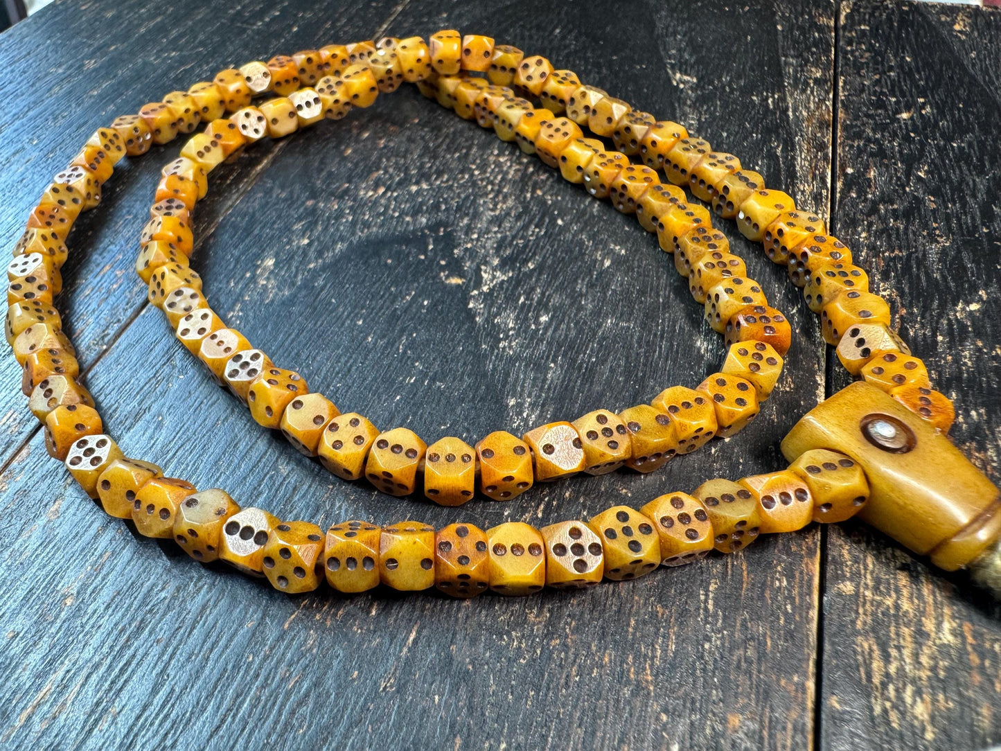 Vintage Yak Bone Dice Bead Mala Necklace 108 Beads, Hand Carved Tibetan Prayer Mala, Unique Bone Meditation Necklace, Tribal Buddhist Jewelr
