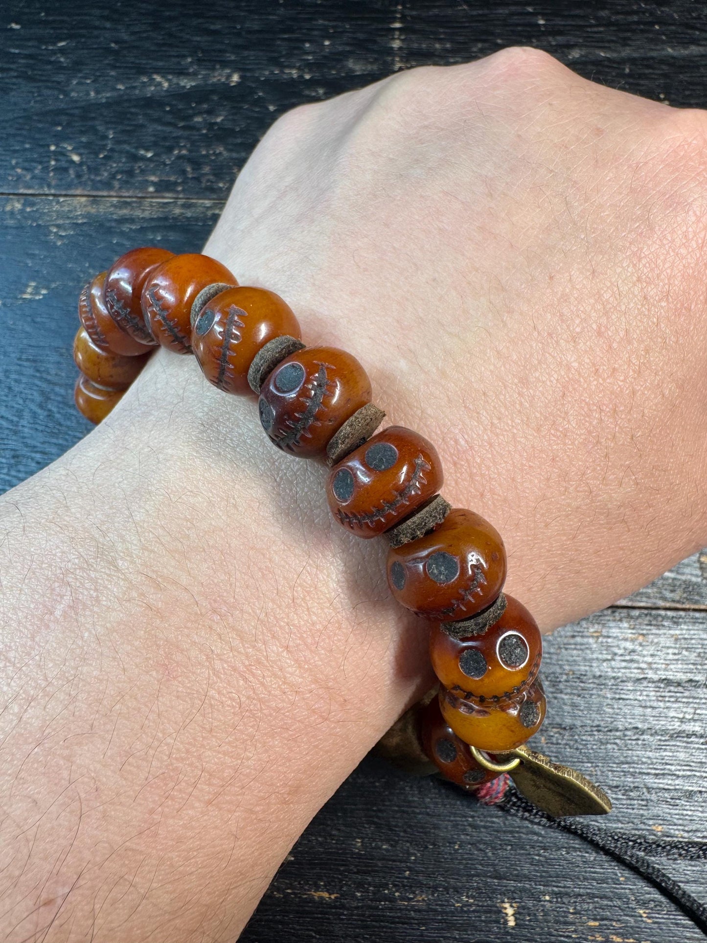 Vintage Yak Bone Skull Bracelet, Charnel Ground Citipati Style Beads, Tibetan Spiritual Mala, Brass Guru Bead, Tribal Protection Amulet, 8-9