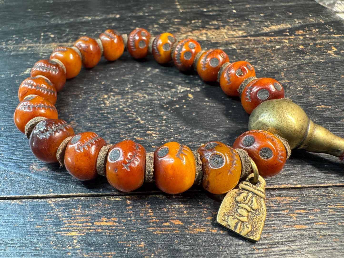 Vintage Yak Bone Skull Bracelet, Charnel Ground Citipati Style Beads, Tibetan Spiritual Mala, Brass Guru Bead, Tribal Protection Amulet, 8-9
