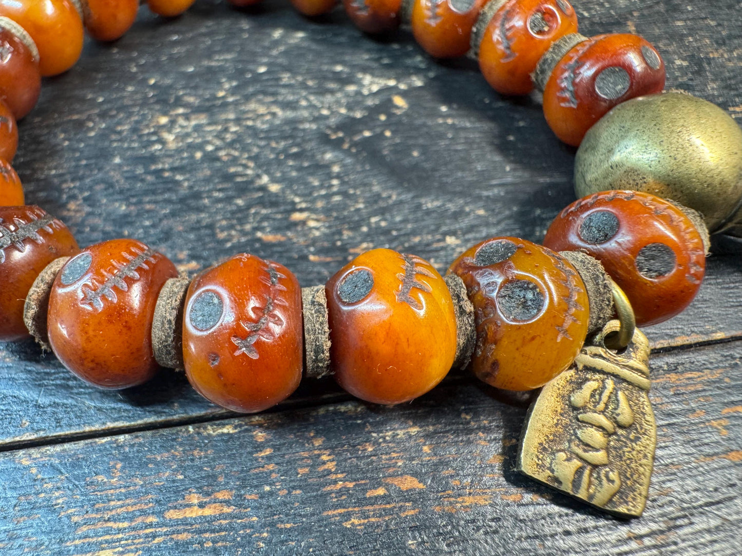 Vintage Yak Bone Skull Bracelet, Charnel Ground Citipati Style Beads, Tibetan Spiritual Mala, Brass Guru Bead, Tribal Protection Amulet, 8-9