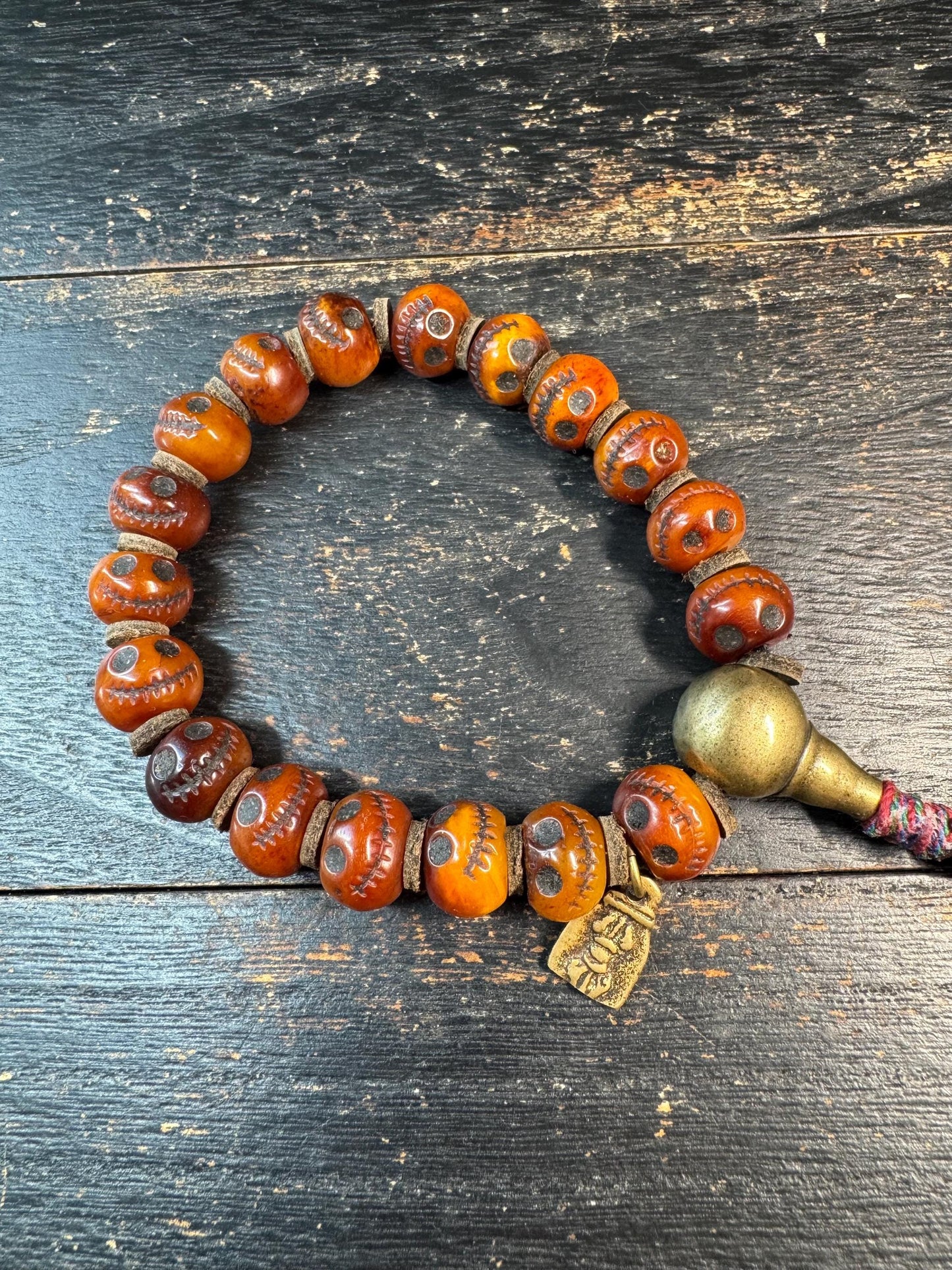 Vintage Yak Bone Skull Bracelet, Charnel Ground Citipati Style Beads, Tibetan Spiritual Mala, Brass Guru Bead, Tribal Protection Amulet, 8-9