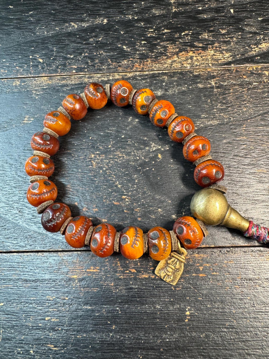 Vintage Yak Bone Skull Bracelet, Charnel Ground Citipati Style Beads, Tibetan Spiritual Mala, Brass Guru Bead, Tribal Protection Amulet, 8-9