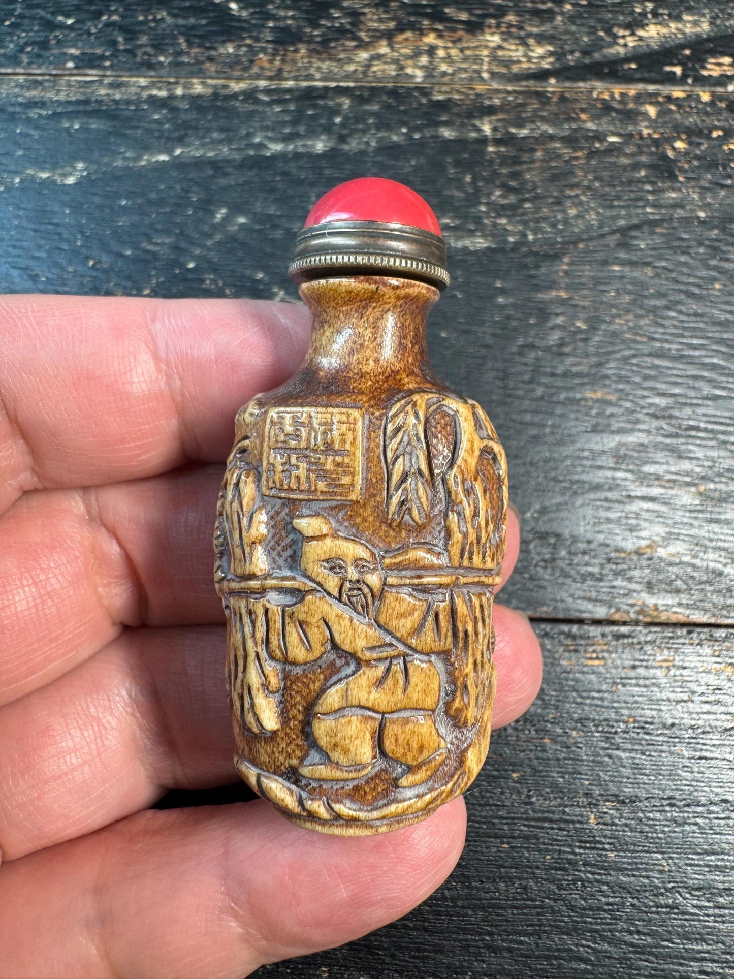 Hand Carved Deer Antler Snuff Bottle, Chinese Sage Scene Mini Bottle, Red Top Stopper, Folk Art Collector Decor