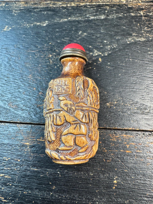 Hand Carved Deer Antler Snuff Bottle, Chinese Sage Scene Mini Bottle, Red Top Stopper, Folk Art Collector Decor