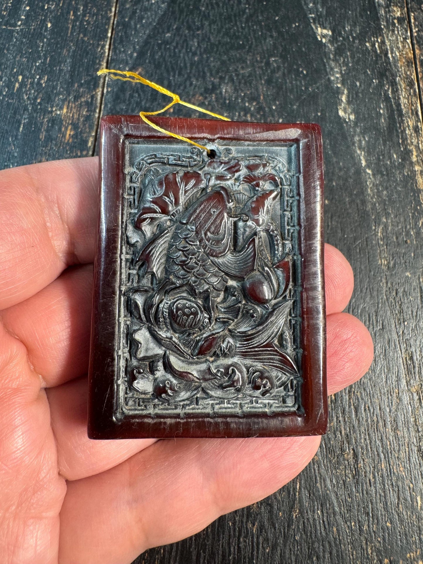 Hand Carved Yak Horn Pendant, Koi Fish and Lotus Relief, Tibetan Style Amulet, Himalayan Bone Carving, Spiritual Prosperity Charm