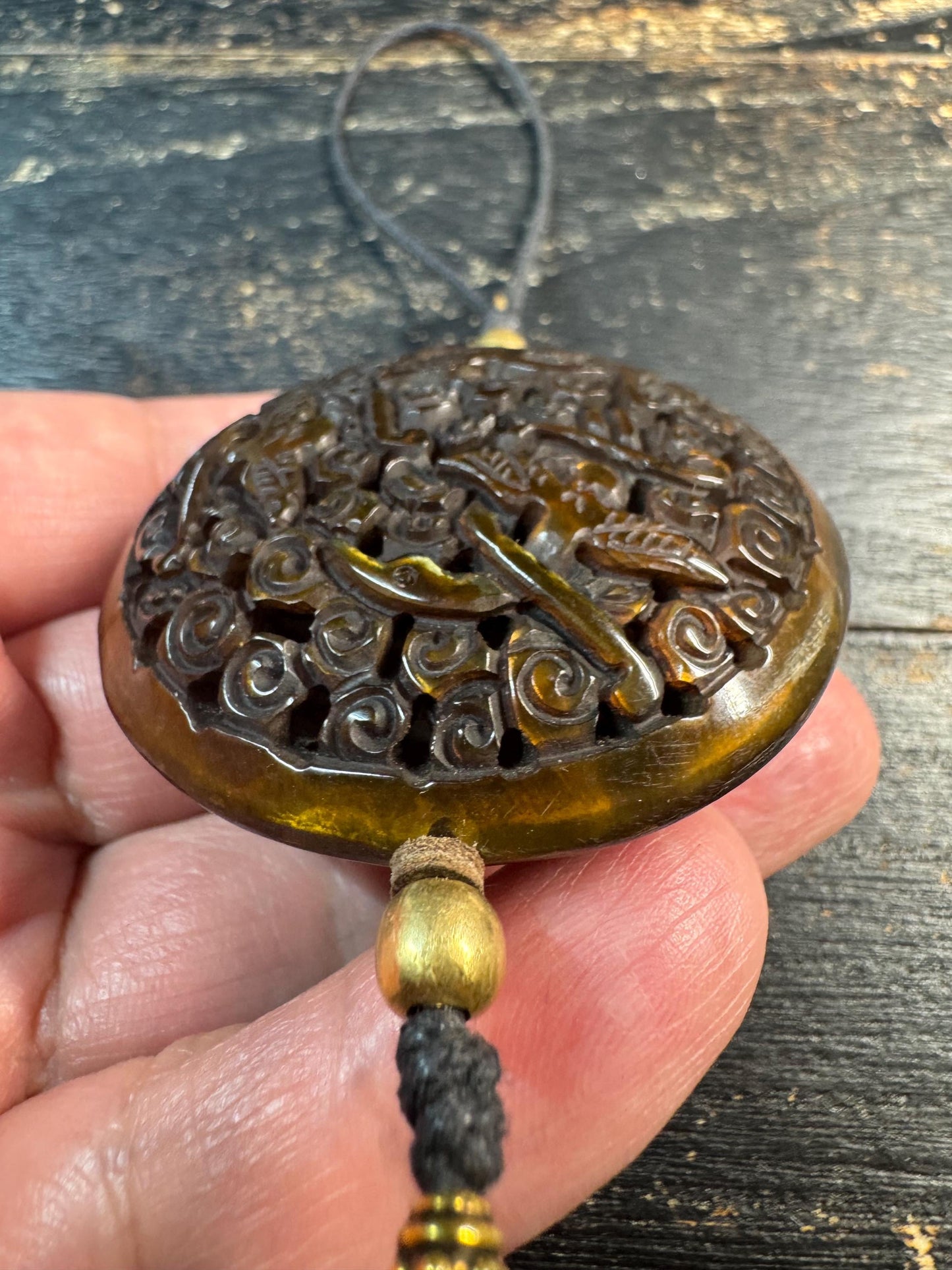 Hand Carved Yak Horn Amulet Pendant, Openwork Double Bird Design, Tibetan Style Incense Holder (Ghau), Tribal Spiritual Talisman Necklace