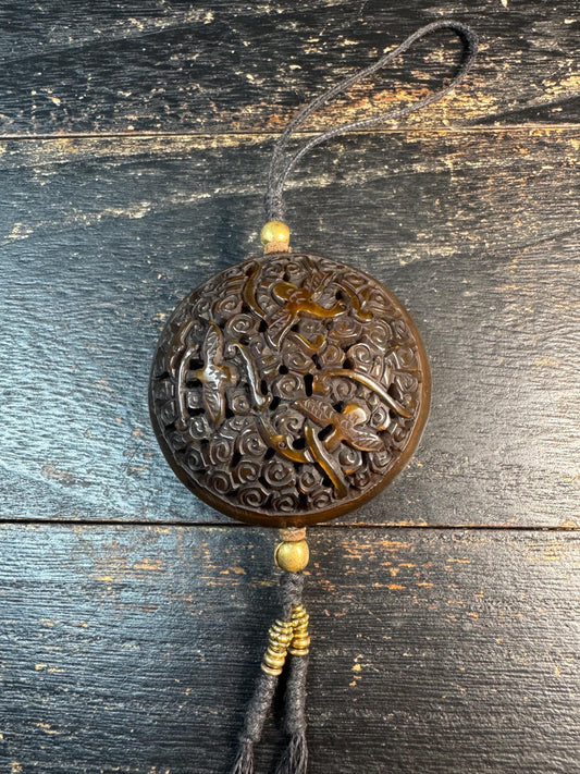 Hand Carved Yak Horn Amulet Pendant, Openwork Double Bird Design, Tibetan Style Incense Holder (Ghau), Tribal Spiritual Talisman Necklace