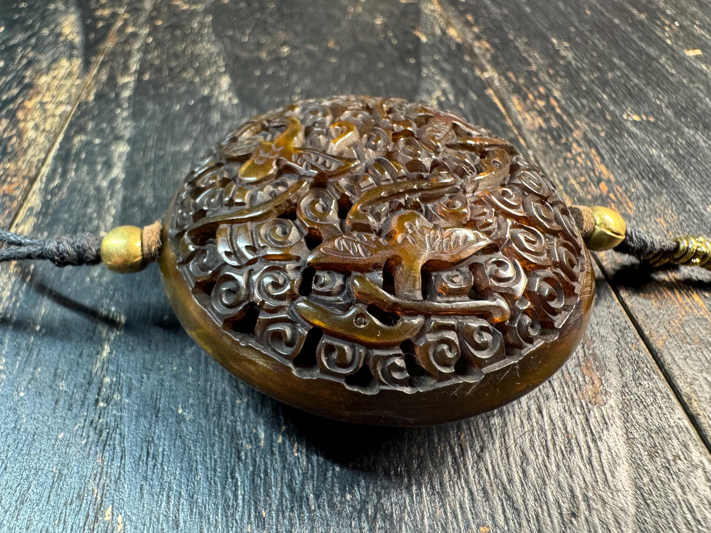 Hand Carved Yak Horn Amulet Pendant, Openwork Double Bird Design, Tibetan Style Incense Holder (Ghau), Tribal Spiritual Talisman Necklace
