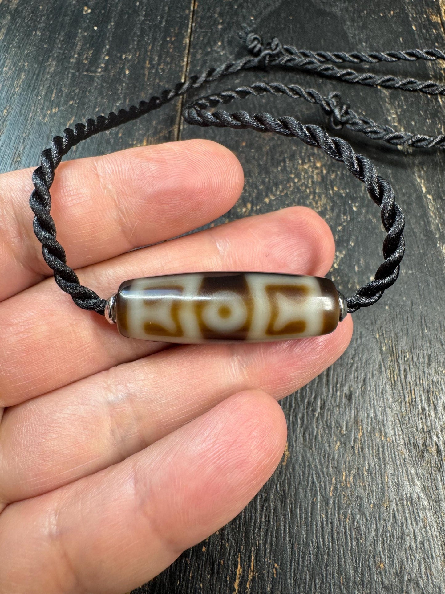 Heaven & Earth Dzi Bead Necklace | Etched Agate Tibetan Style Pendant | Brown White Dzi Amulet | Adjustable Cord Necklace