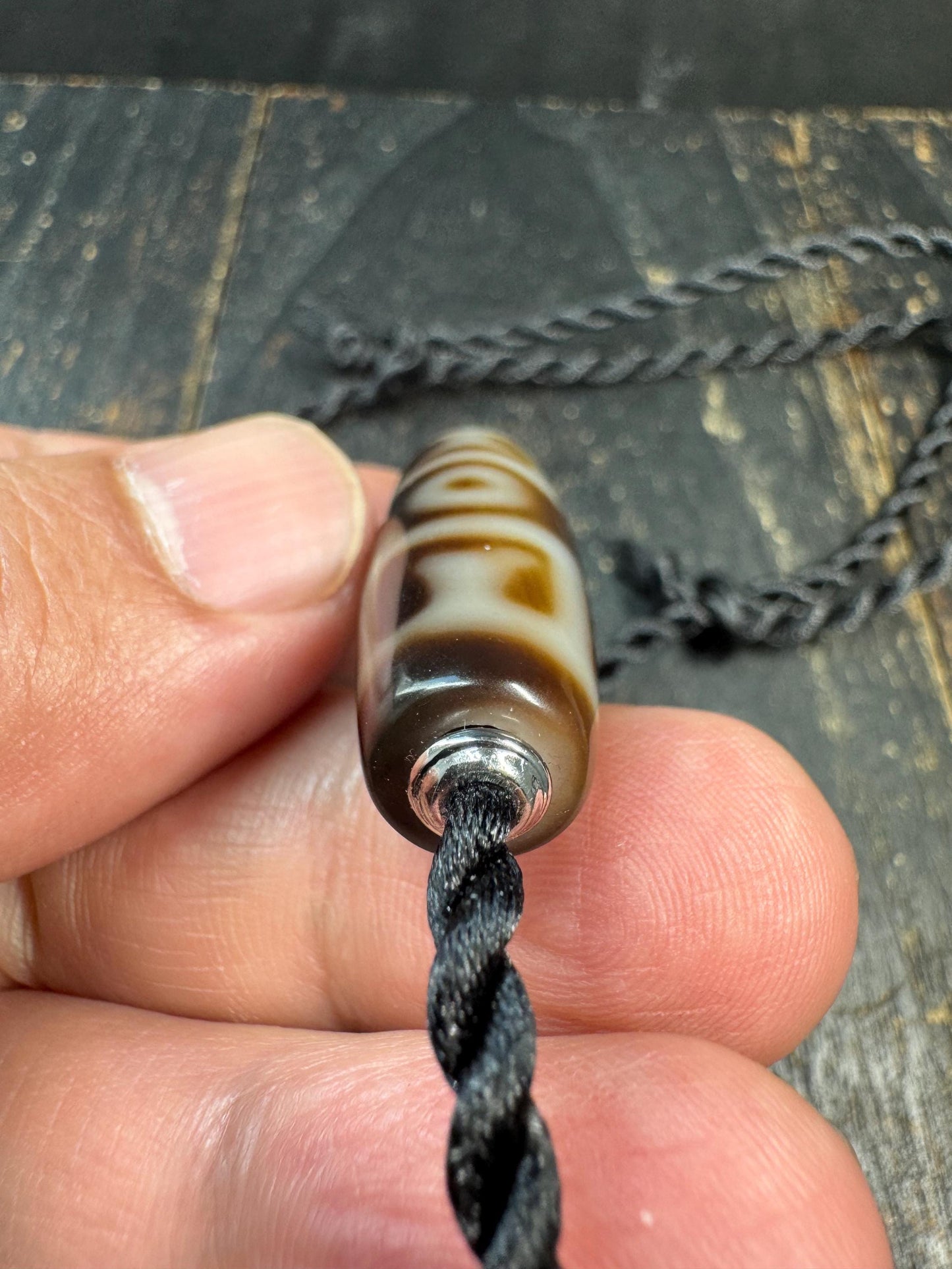 Heaven & Earth Dzi Bead Necklace | Etched Agate Tibetan Style Pendant | Brown White Dzi Amulet | Adjustable Cord Necklace