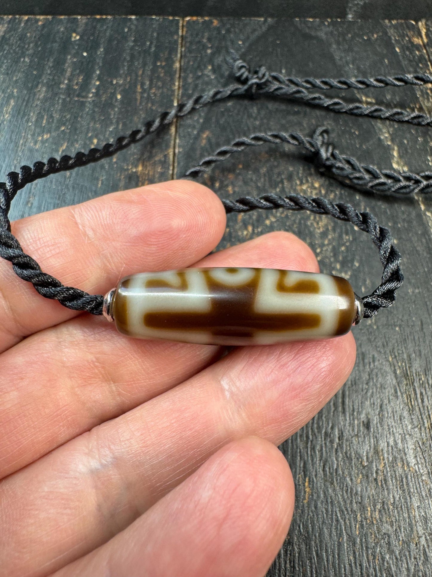 Heaven & Earth Dzi Bead Necklace | Etched Agate Tibetan Style Pendant | Brown White Dzi Amulet | Adjustable Cord Necklace