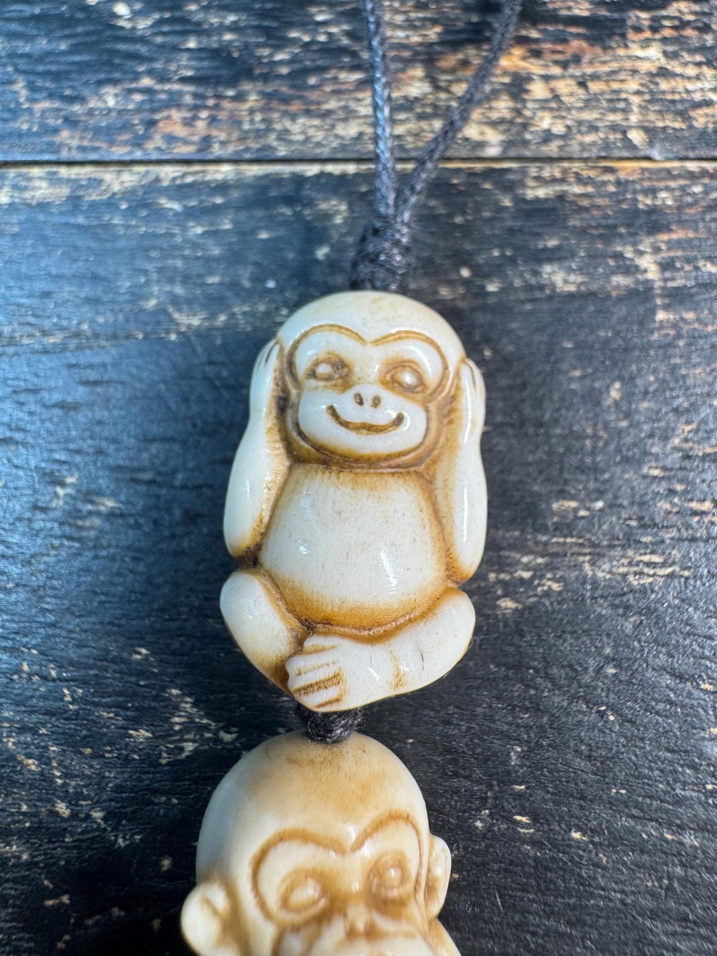 Hand Carved Deer Antler Three Wise Monkeys Bead – See Hear Speak No Evil Amulet – Mala Counter / Spiritual Pendant