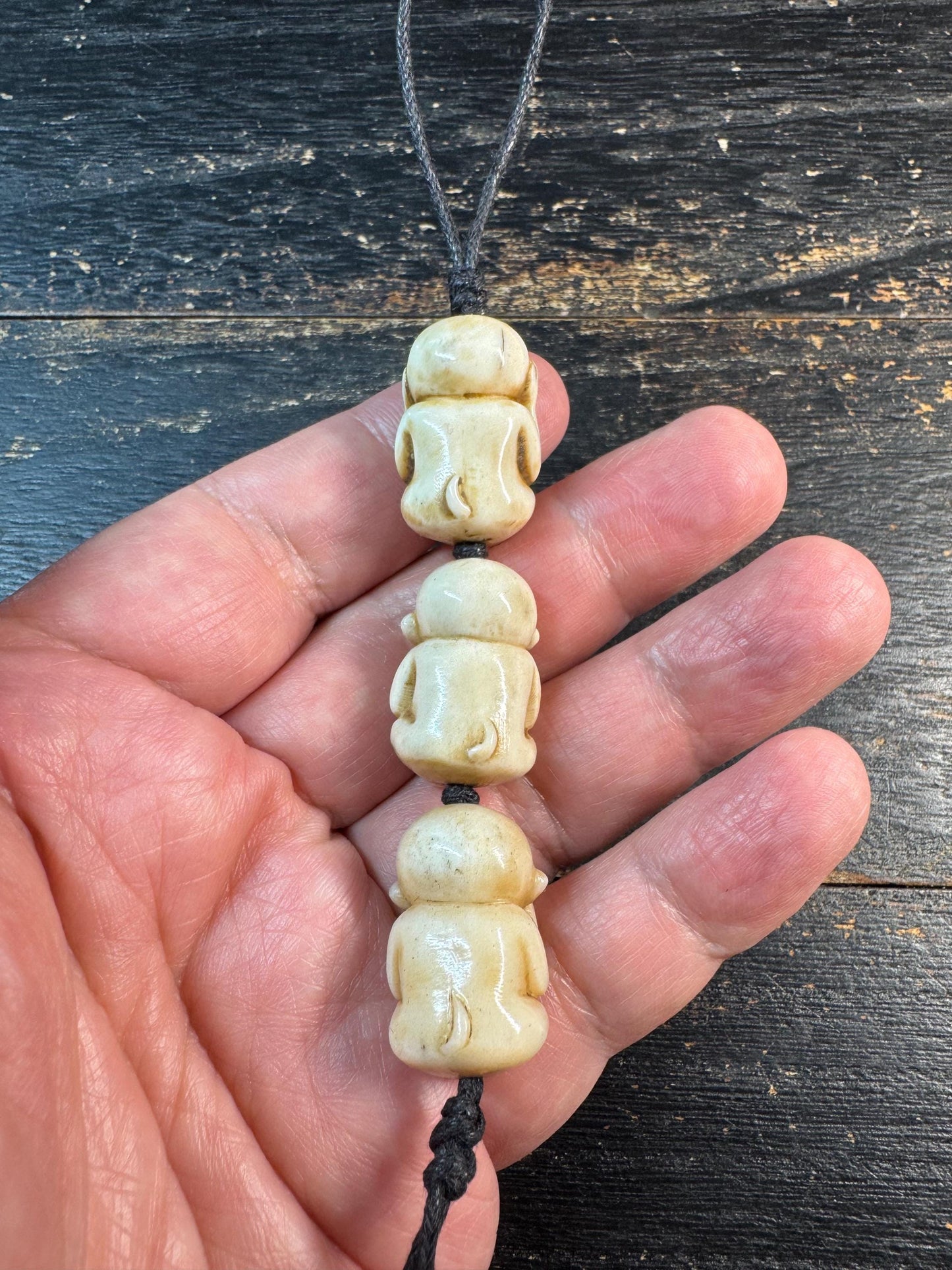 Hand Carved Deer Antler Three Wise Monkeys Bead – See Hear Speak No Evil Amulet – Mala Counter / Spiritual Pendant