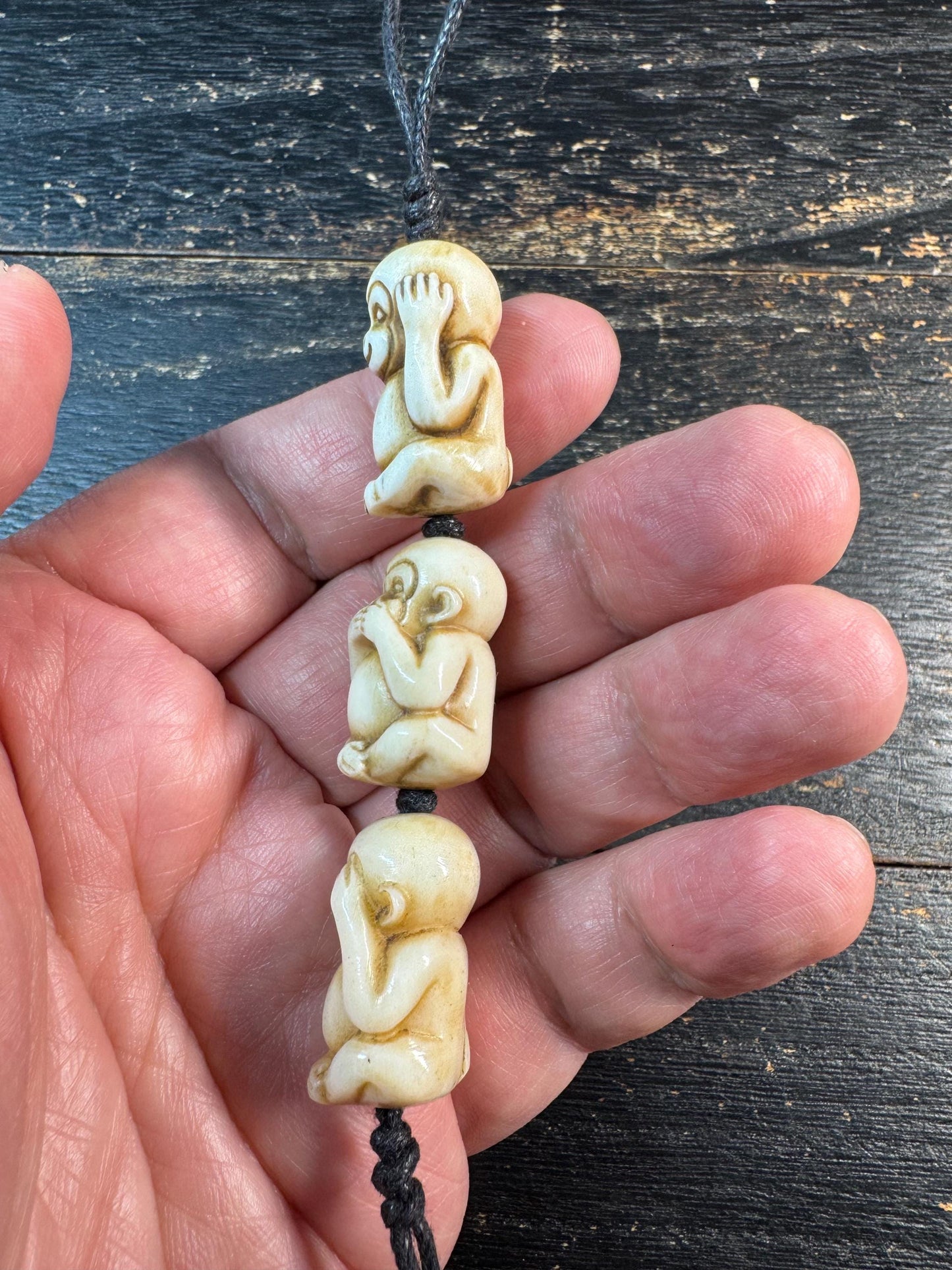 Hand Carved Deer Antler Three Wise Monkeys Bead – See Hear Speak No Evil Amulet – Mala Counter / Spiritual Pendant