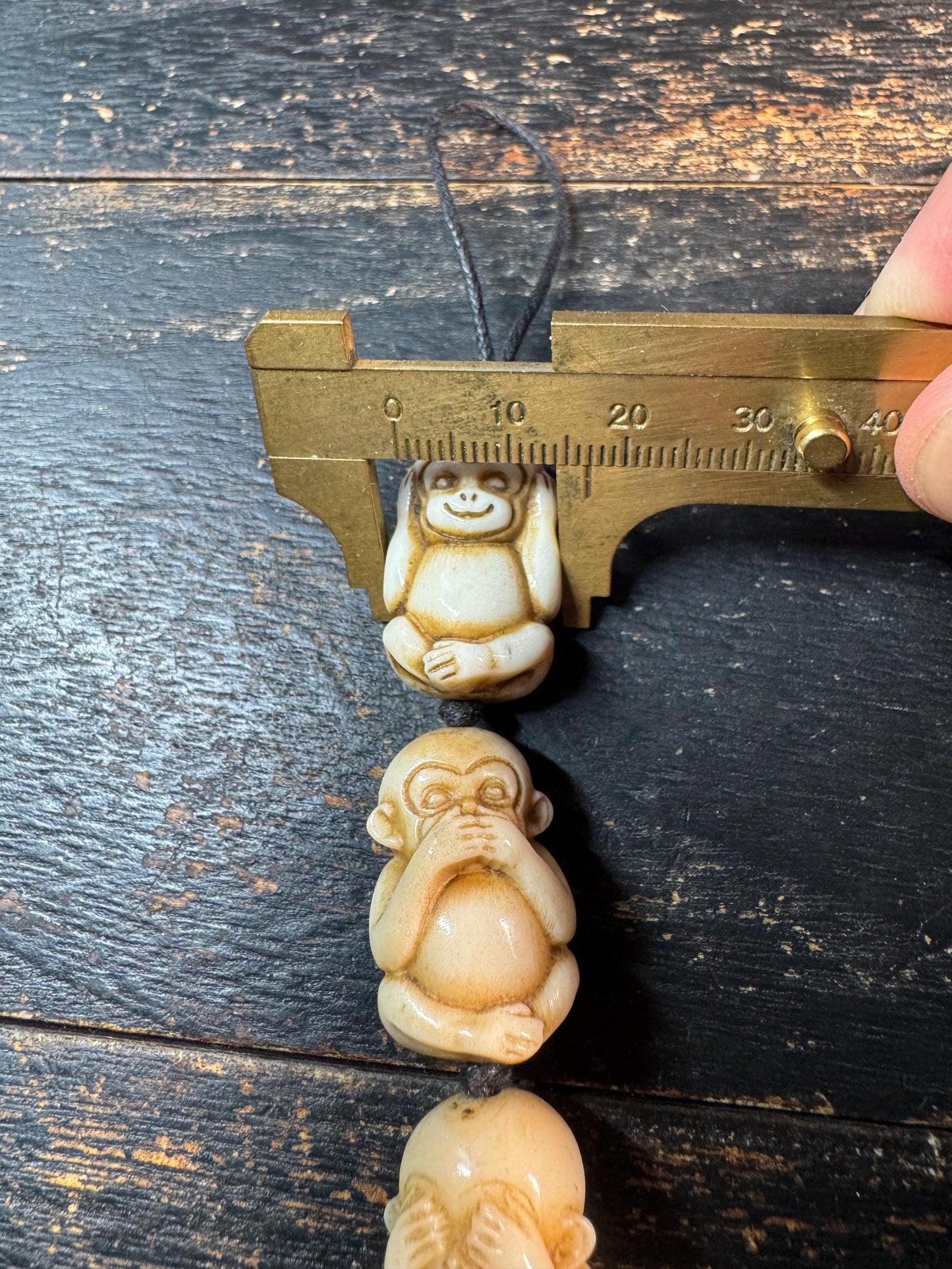 Hand Carved Deer Antler Three Wise Monkeys Bead – See Hear Speak No Evil Amulet – Mala Counter / Spiritual Pendant