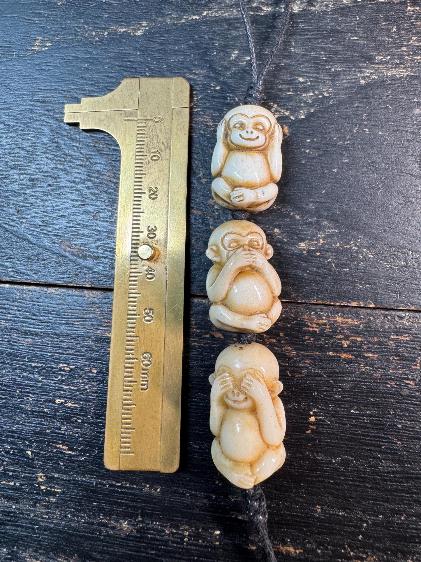 Hand Carved Deer Antler Three Wise Monkeys Bead – See Hear Speak No Evil Amulet – Mala Counter / Spiritual Pendant