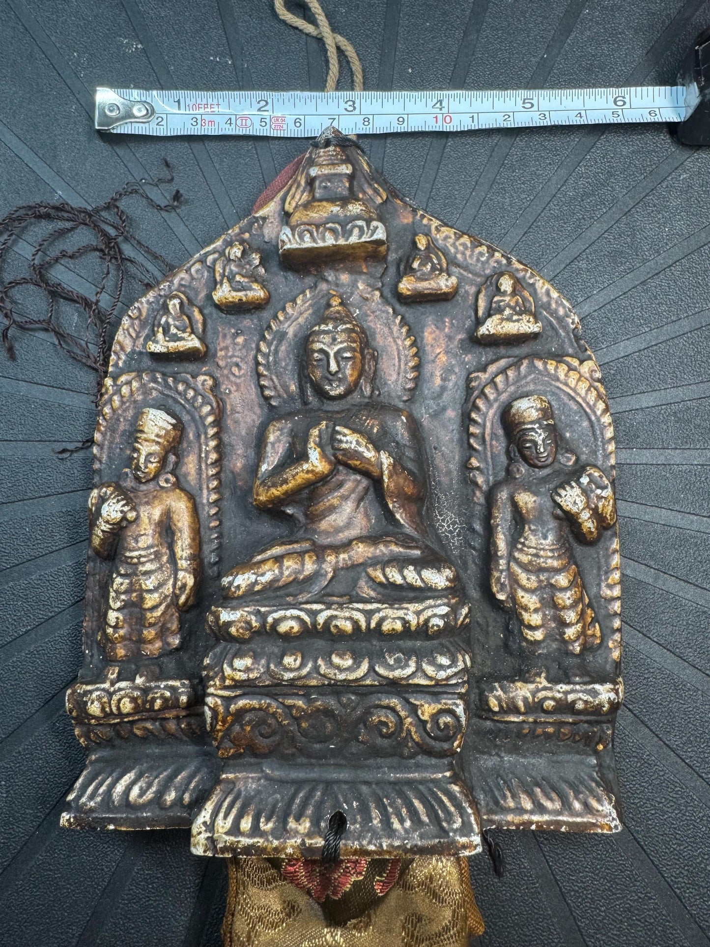 Vintage Himalayan Buddhist Brass Hanging Buddha Relief Altar Plaque with Brocade Back