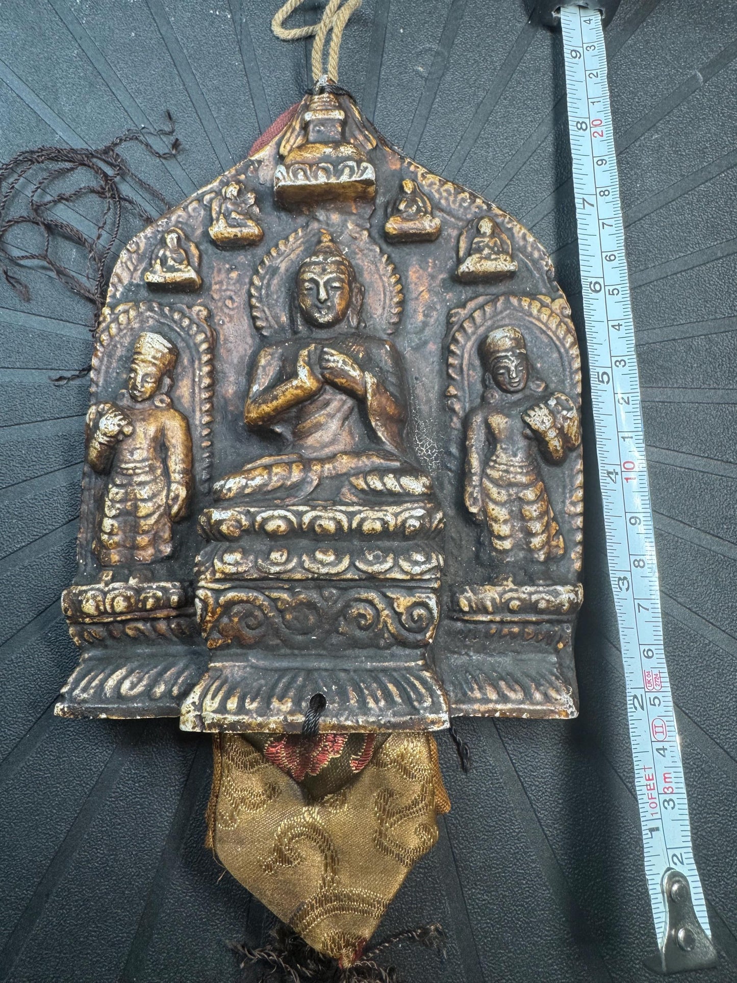 Vintage Himalayan Buddhist Brass Hanging Buddha Relief Altar Plaque with Brocade Back