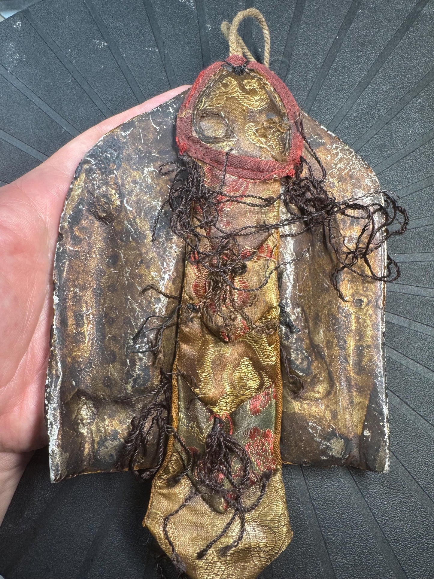 Vintage Himalayan Buddhist Brass Hanging Buddha Relief Altar Plaque with Brocade Back